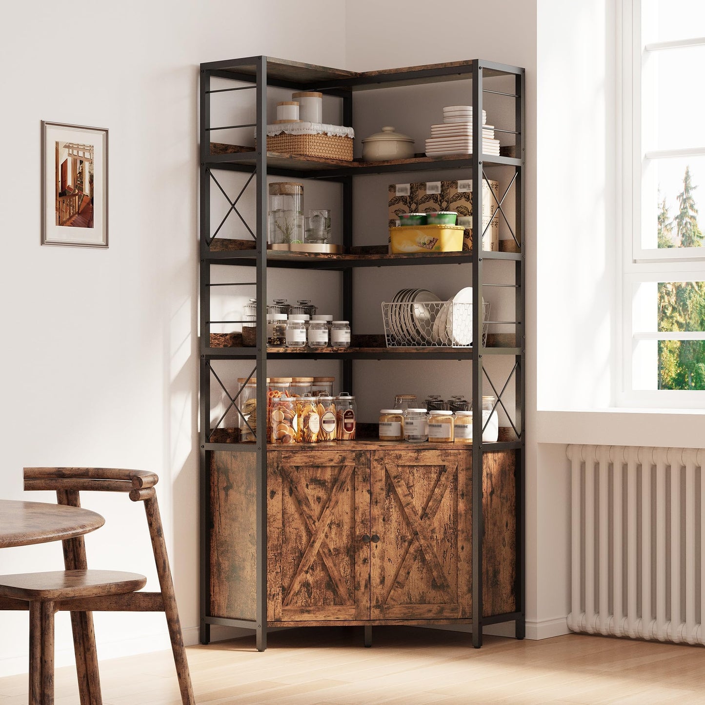 IRONCK Bookshelf with Doors, 6 Tier Corner Bookcase with Storage Cabinet, 30.7 in Depth L Shaped Book Shelf with Baffles, Farmhouse Corner Display Shelf for Living Room Home Office