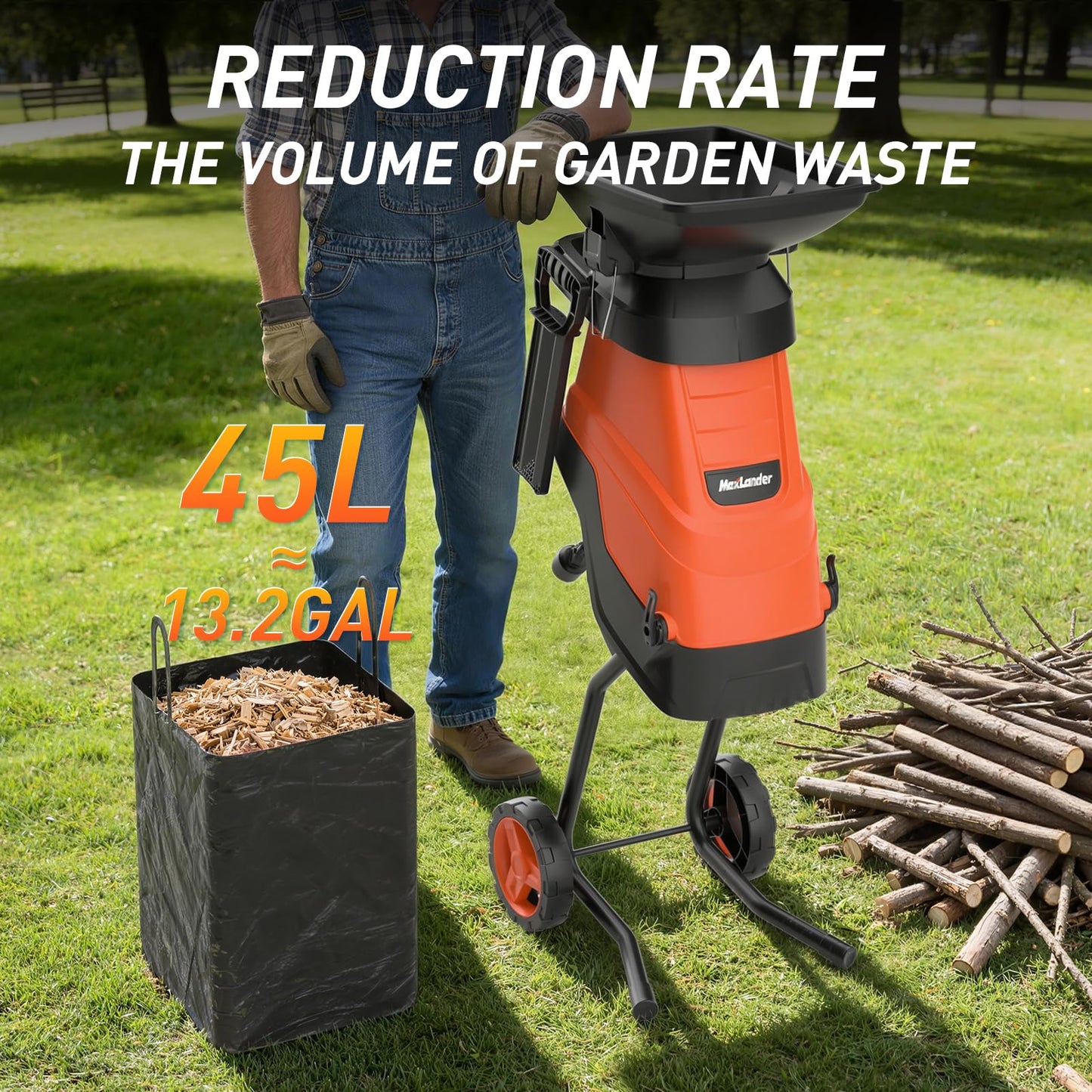 MAXLANDER 15-Amp Electric Wood Chipper Shredder, 1.75-Inch Cutting Capacity, Yard Waste Mulcher for Composting Branches & Twigs, Corded Chipper with Collection Bag