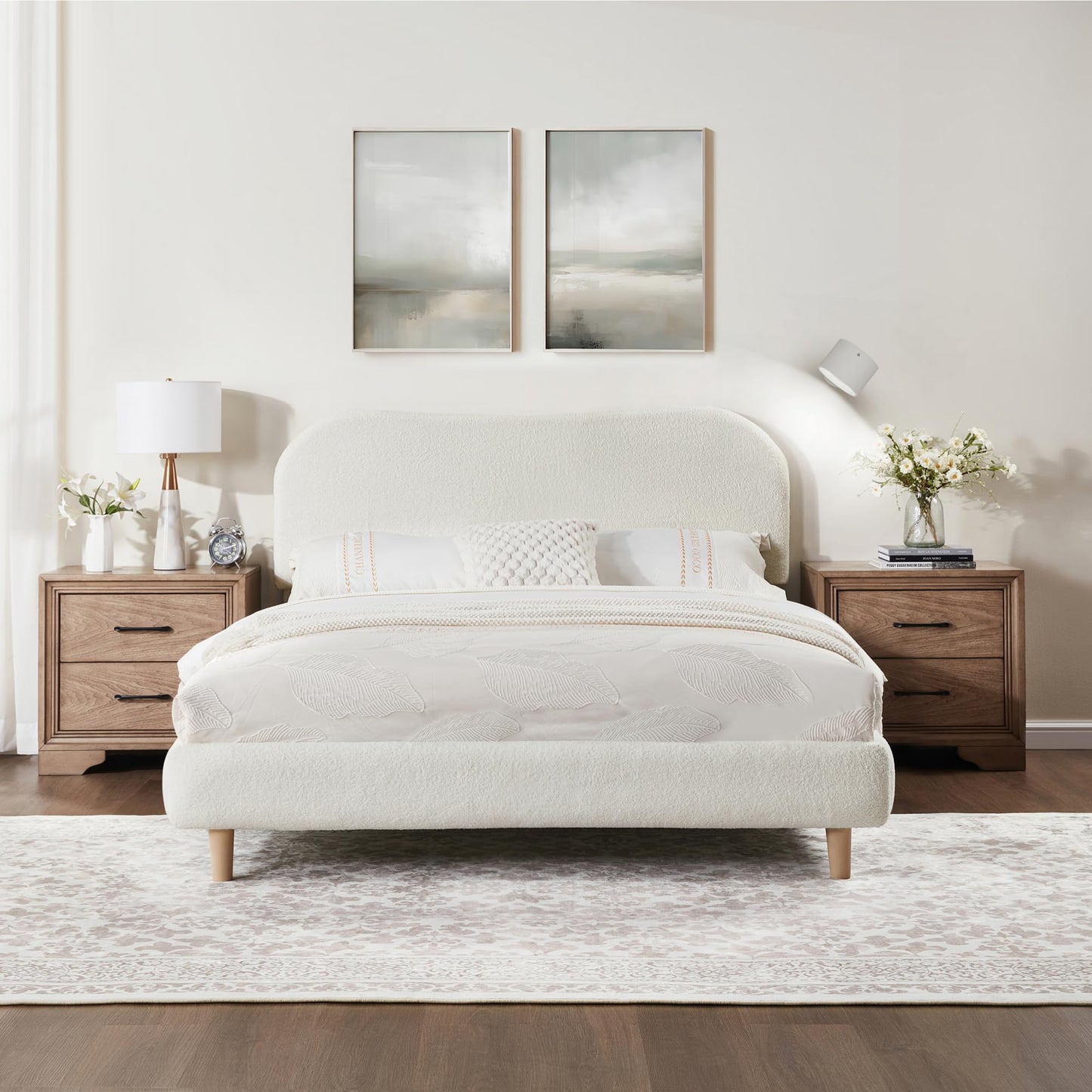 FLEXISPOT Queen Size Boucle Bed Frame, Upholstered Cloud Platform Bed with Adjustable Headboard, Plush Padding, Solid Wood Legs, Bonus LED Wall Light, No Box Spring Needed, Easy Assembly, White