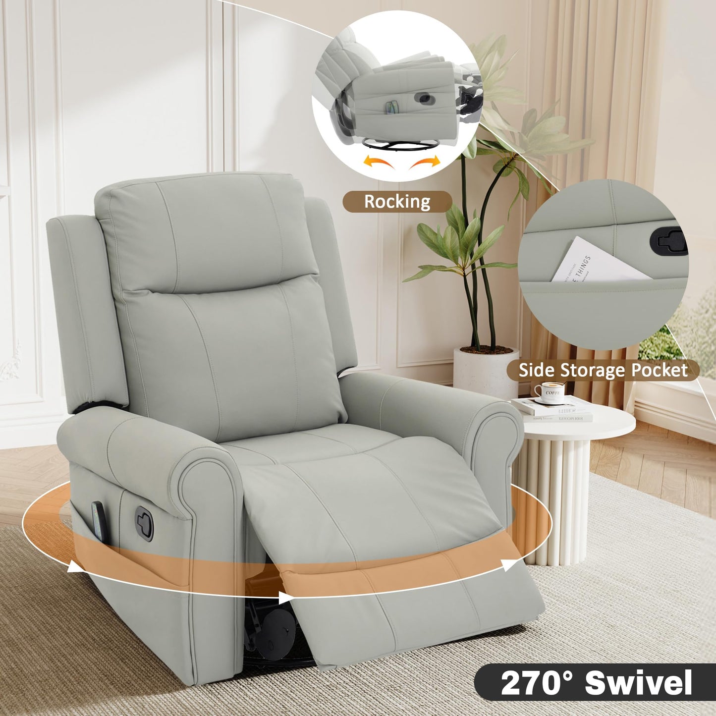 Merax 270°Swivel Rocker Recliner Chair, PU Leather Manual Recliner with Massage and Heating, Dual Reclining Positions and Side Pocket and for Living Room, Bedroom, or Nursery, Grey