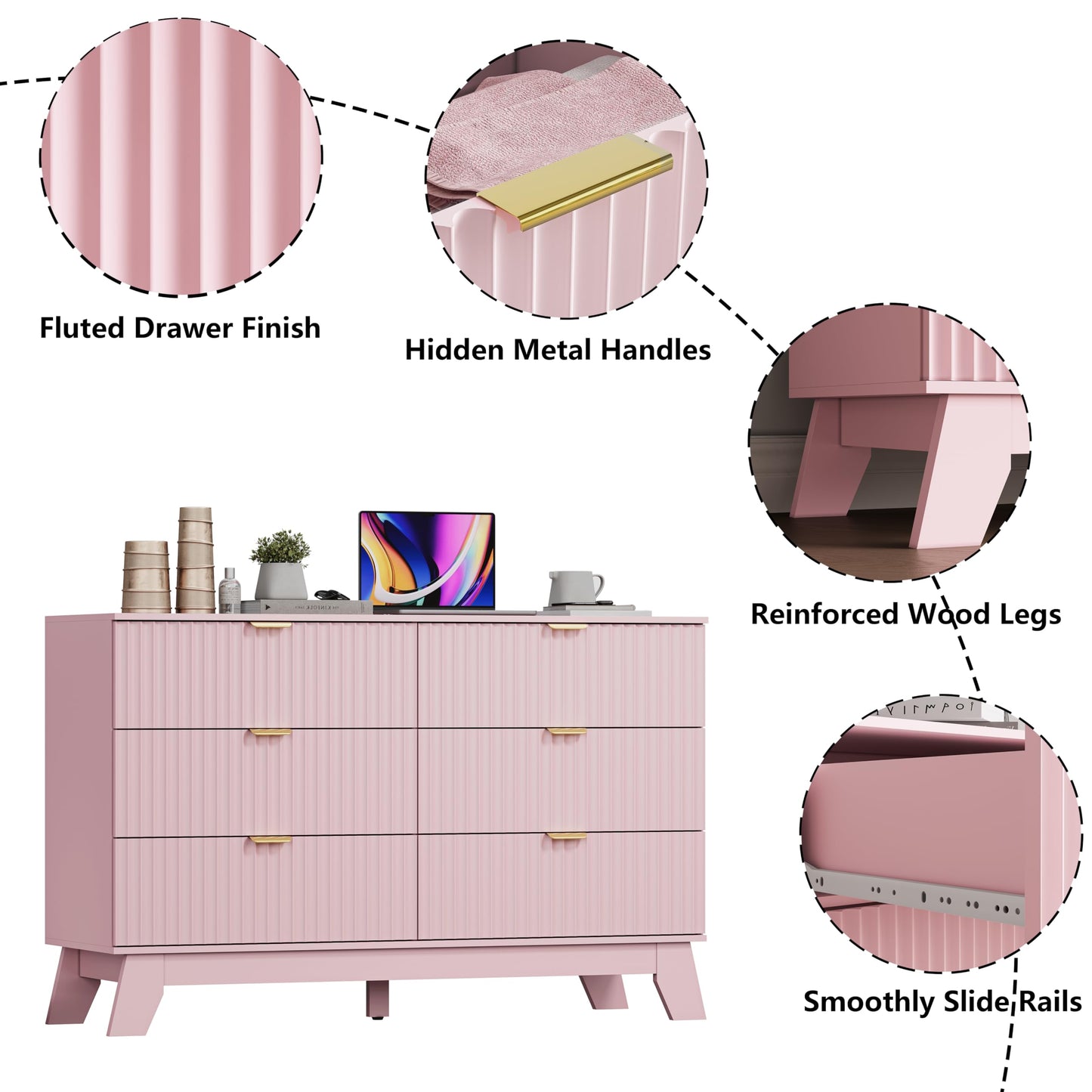 6 Drawer Dresser for Bedroom, Fluted Dressers Chest of Drawers with Gold Handle, Mid Century Modern Dresser for Closet, Wood Closet Storage Organizer Furniture for Bedroom, Living Room, Hallway, Pink