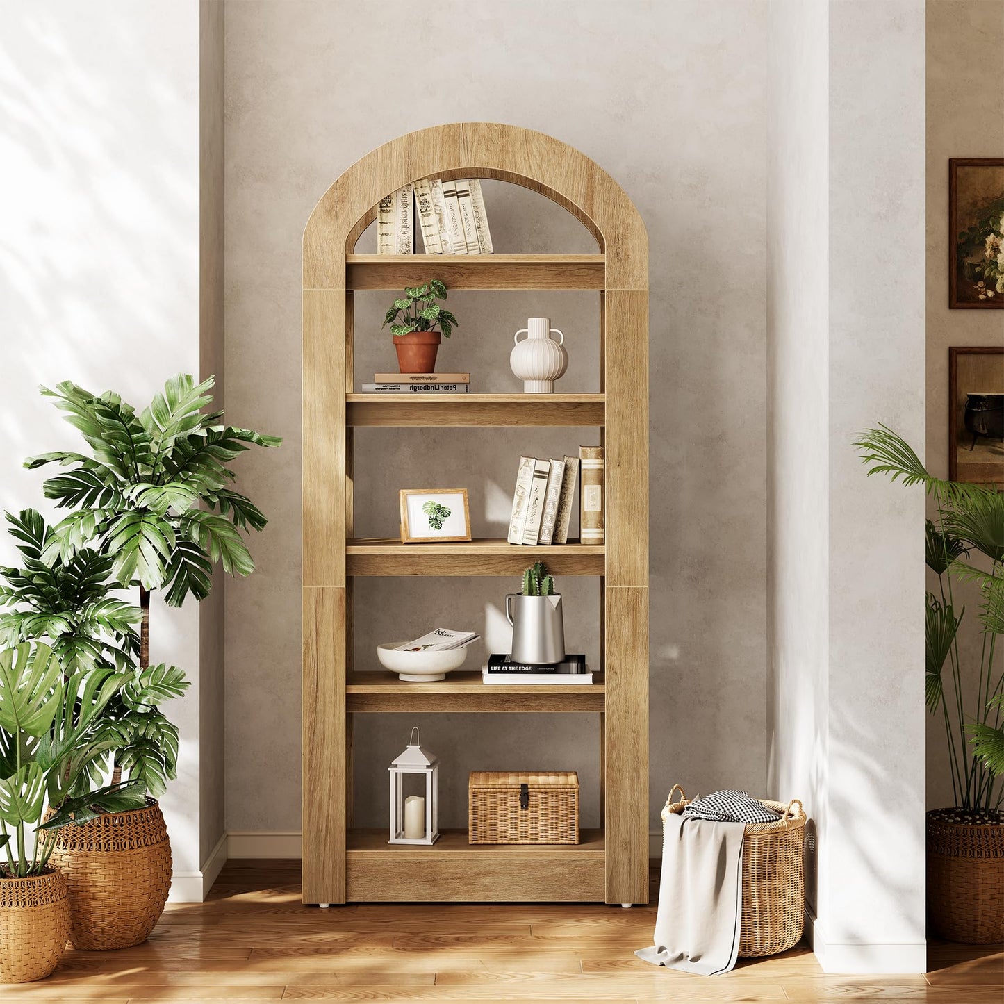LITTLE TREE 5-Tier Bookshelf, Arch-Shaped Racks, Tall Standing Wooden Bookcase Display Shelf Modern Storage Solution (2, Teak Color)