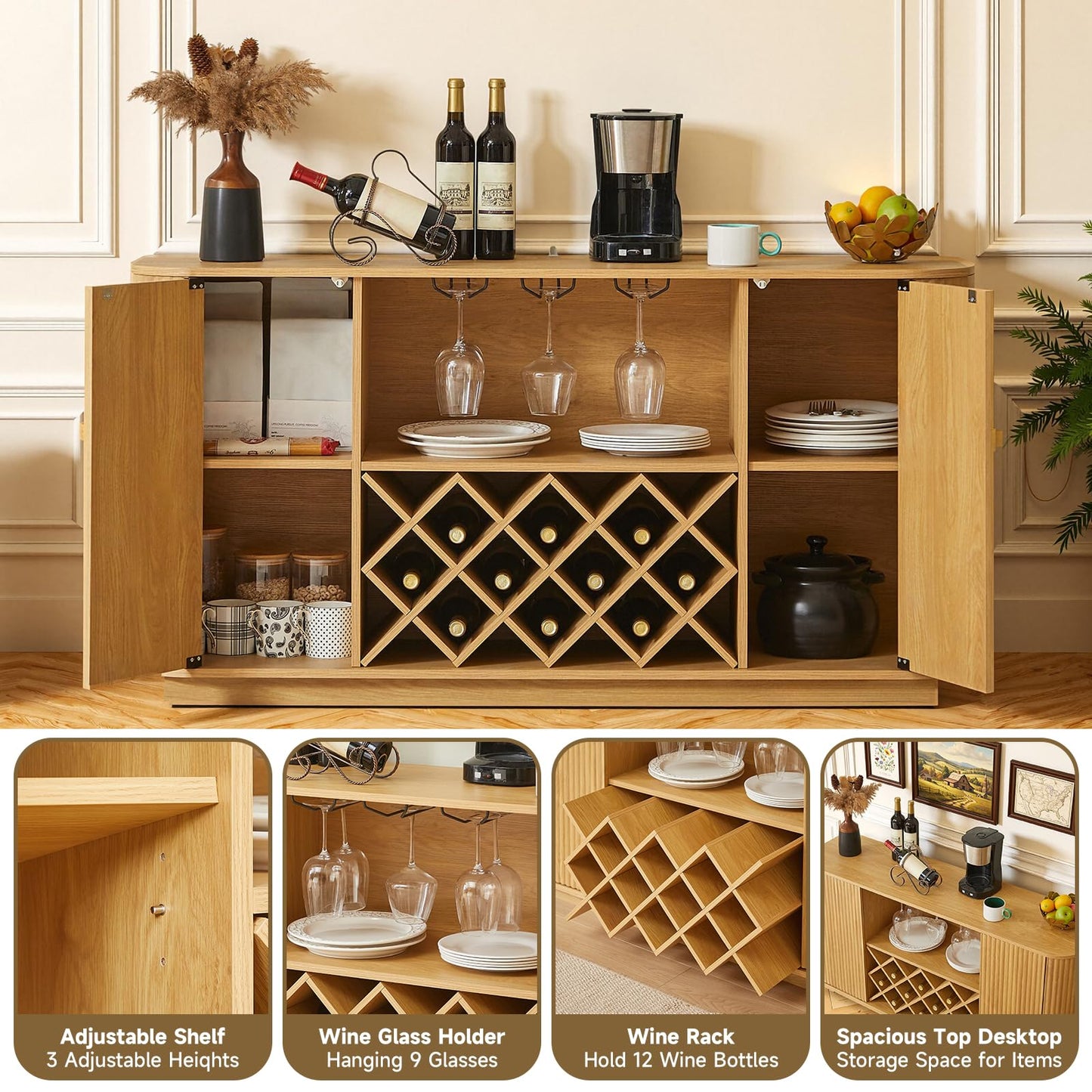 Rovibek 58" Fluted Wine Bar Cabinet with Storage, Modern Buffet Cabinet Sideboard with Wine Rack and Glass Holder, Farmhouse Buffet Sideboard with Adjustable Shelves for Living Room, Kitchen (Natural)