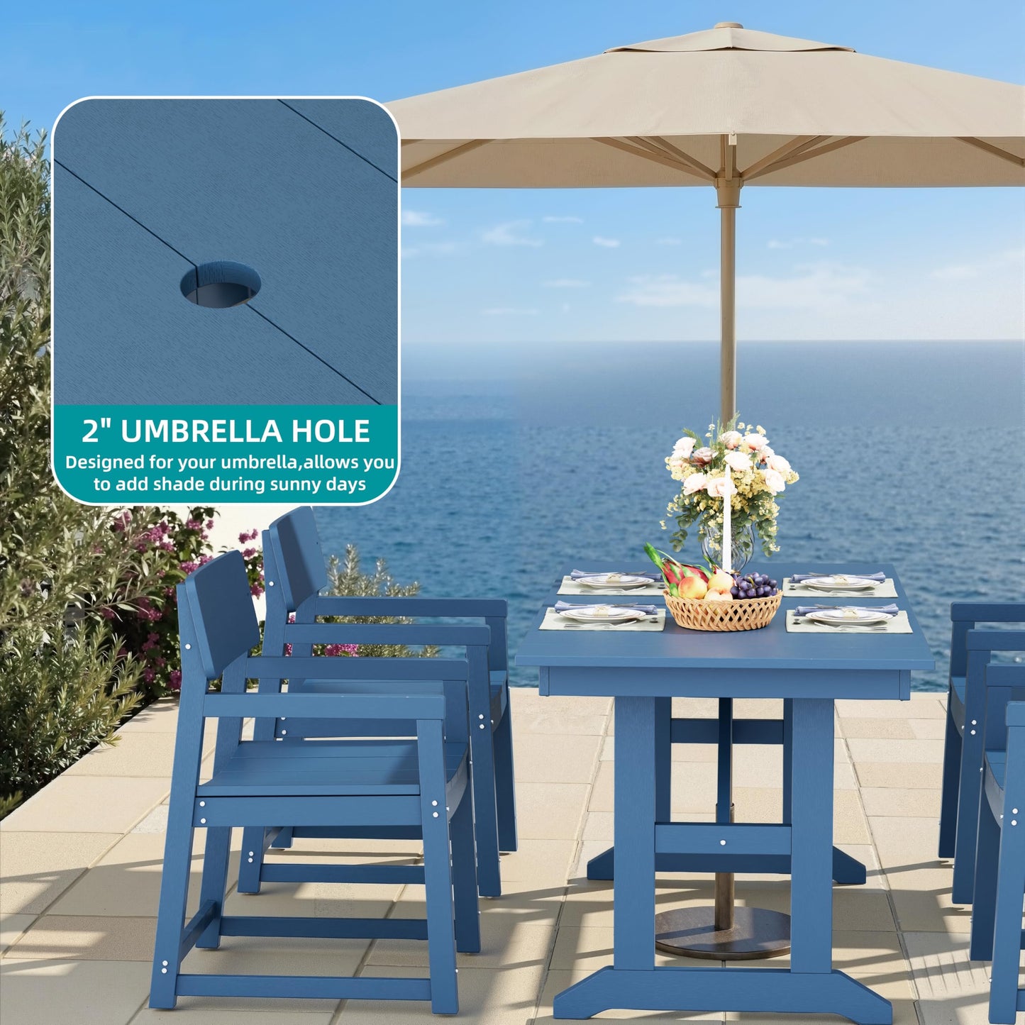 Shintenchi 7 Pieces Outdoor Dining Set,HDPE Outdoor Table and Chairs Set for 6,All Weather Patio Furniture Sets with Umbrella Hole,Modern Wooden Textured Dining Sets for Backyard,Garden,Blue
