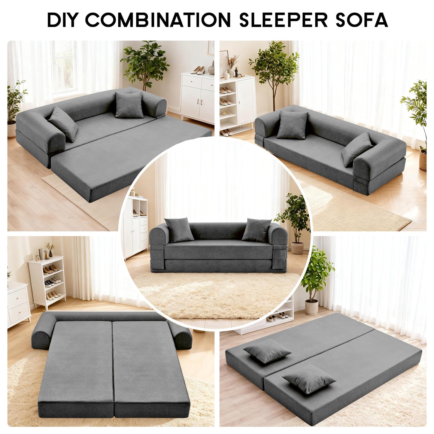 78.5" Convertible Sleeper Sofa Bed, Faux Leather Deep Seat Folding Floor Sofa with Pullout Bed & 2 Pillows, No Assembly Modern Boneless Couch Compression Sofa in Box for Living Room, Office, Gray