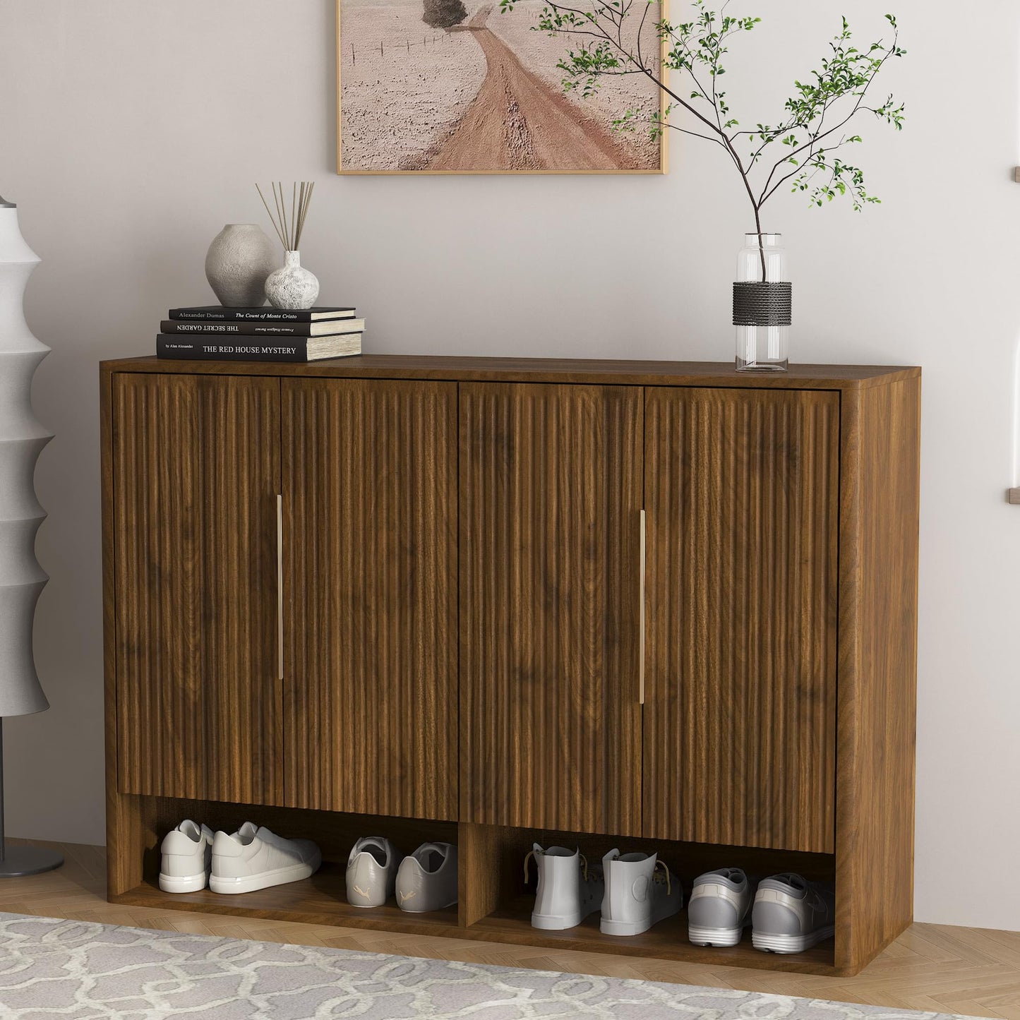 KEIKI 51.2''L Wooden Shoe Cabinet Storage for Entryway with 4 Doors, Modern Freestanding Large Organizer Shoe Cabinet with 5-Tier Adjustable Shelves for Hallway, Living Room, Walnut