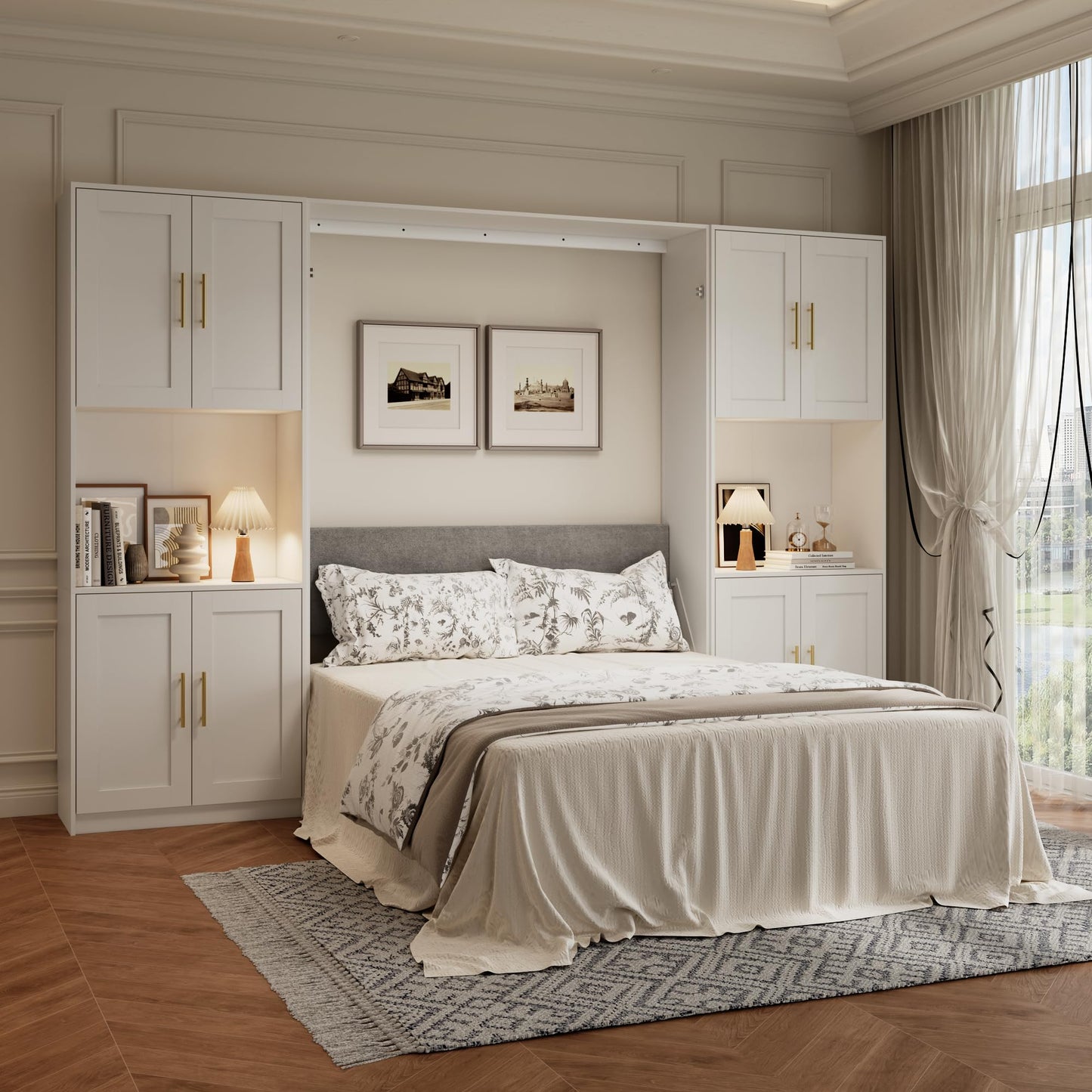 Jiaoun Queen Murphy Bed,Farmhouse Guest Beds,Folding Wall Bed with Hydraulic Bar,64" W Twin Murphy Beds with 2 Cabinet for Small Spaces/Offices/Apartments/Guest Room,White
