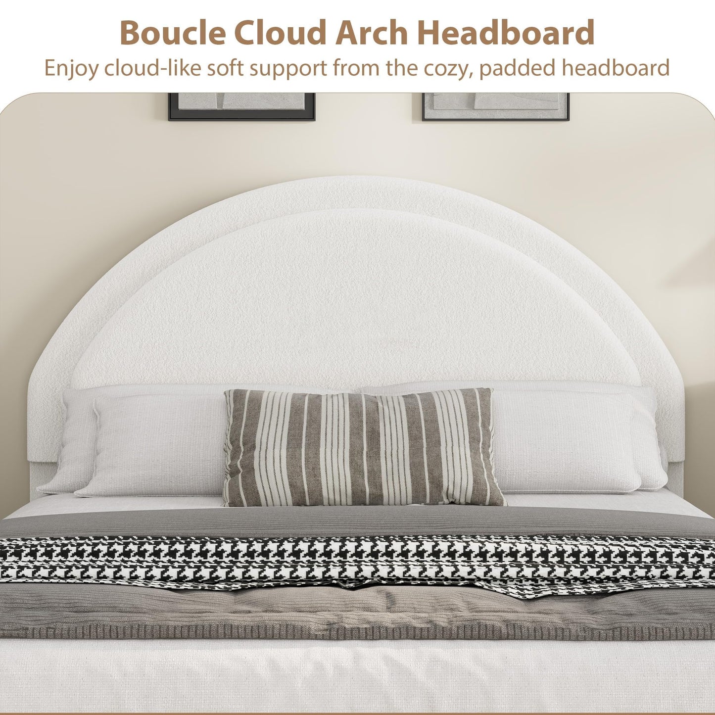 Garvee Full Size Bed Frame with Storage Drawers, Upholstered Boucle Platform Bed with Round Headboard, Heavy Duty & Noise Free, No Box Spring Needed, White