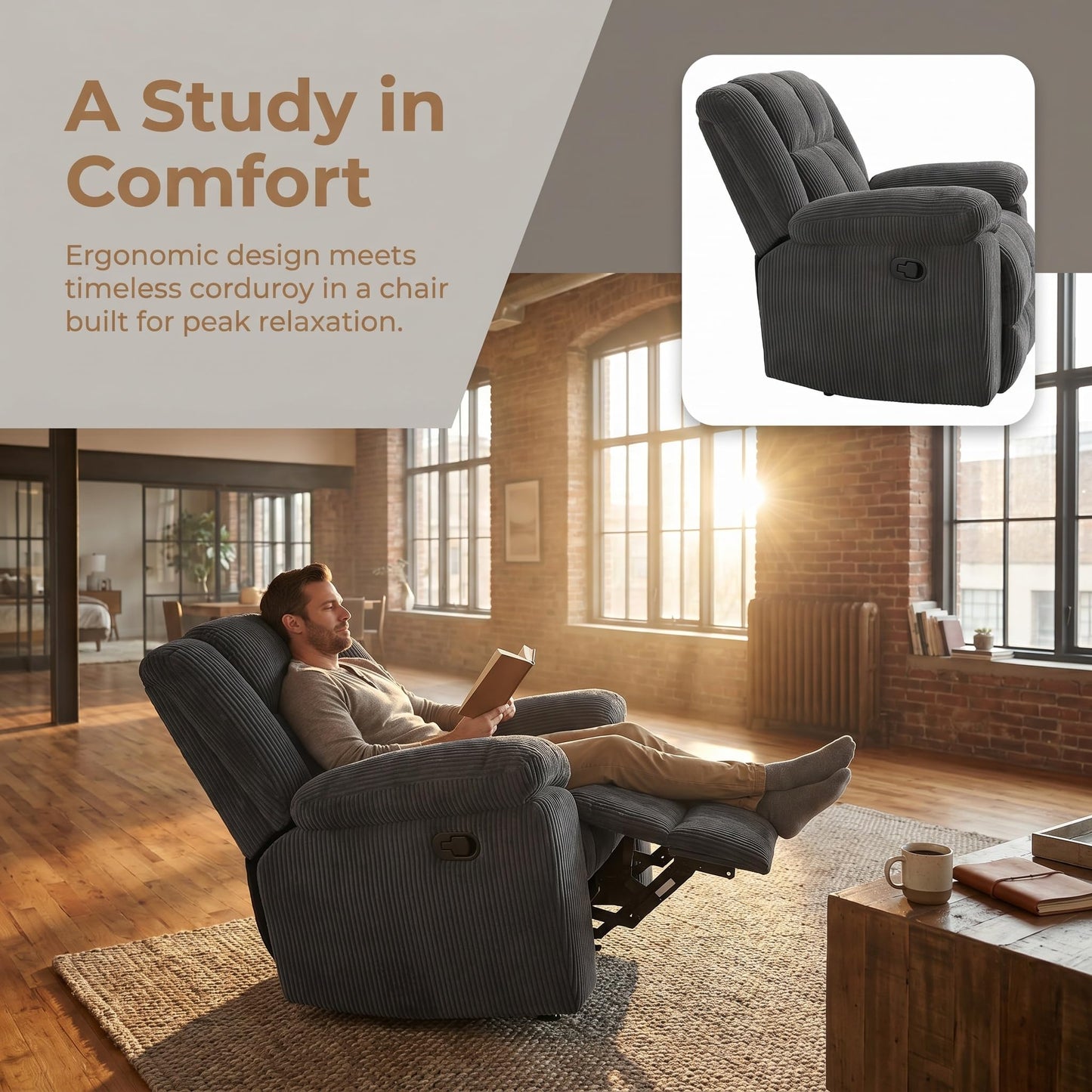 Trygoal Manual Recliner Chair, Nursery Chair, Linen Recliner Chair for Adults, Lazy Boy, Gaming Recliner with Overstuffed Arms, Suitable for Home Theater, Living Room, Bedroom, Dark Grey
