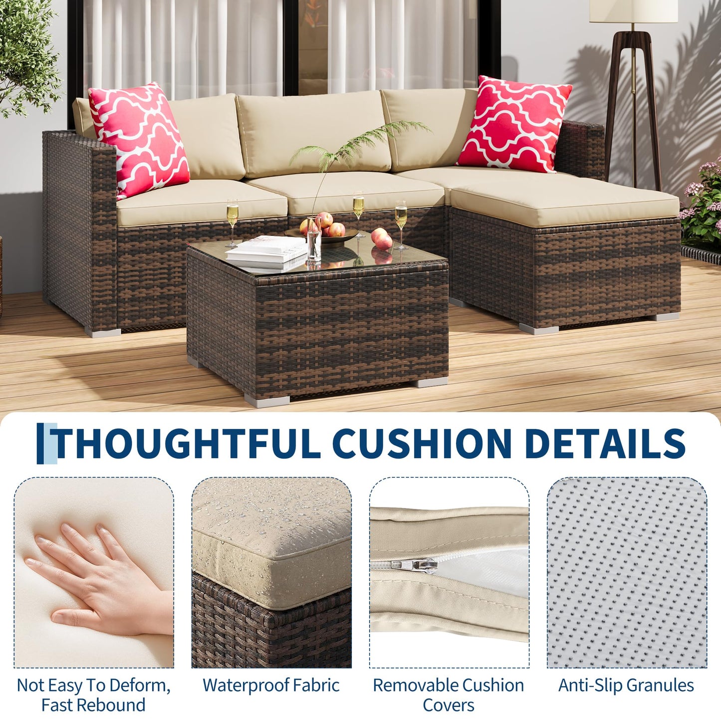 PeakPursuit Outdoor Patio Furniture Set, 5 Pieces Rattan Patio Conversation Sets with Glass Coffee Table and Cushion,All Weather Outdoor Patio Sofa for Garden, Poolside, Backyard,Khaki
