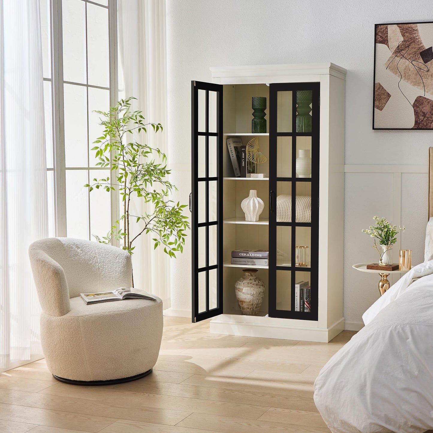 Ball & Cast 71.2" Tall Display Cabinet W/Glass Doors,Curio Cabinet W/Adjustable Shelves&Fixed Shelves for Collectibles,Trophies,Farmhouse Style Cabinets for Hallways,Living Room,Bedroom,White&Black