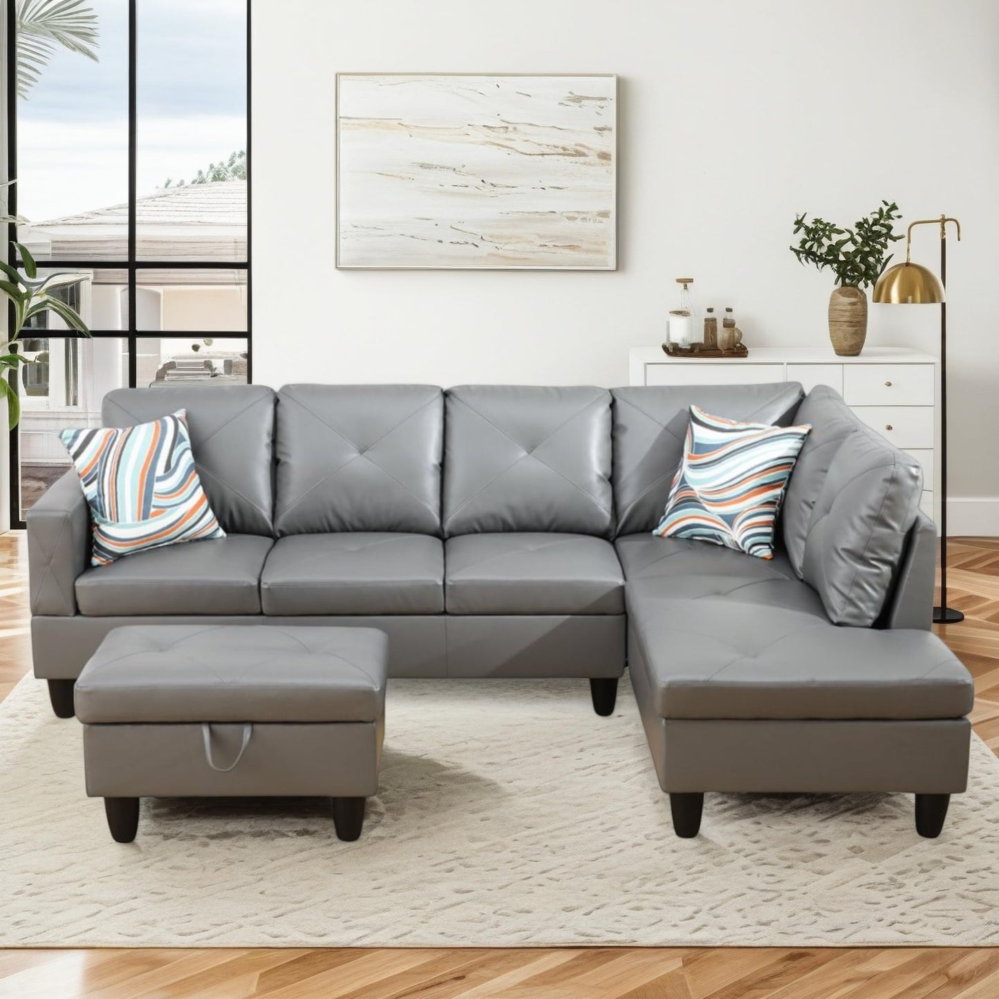 Trygoal 97" Leather L Shaped Couch with Right Chaise & Cup Holder, Sectional Sofas Modular Furniture Set with Storage Ottoman, Convertible Couches for Living Room, Small Space & Office (Grey)