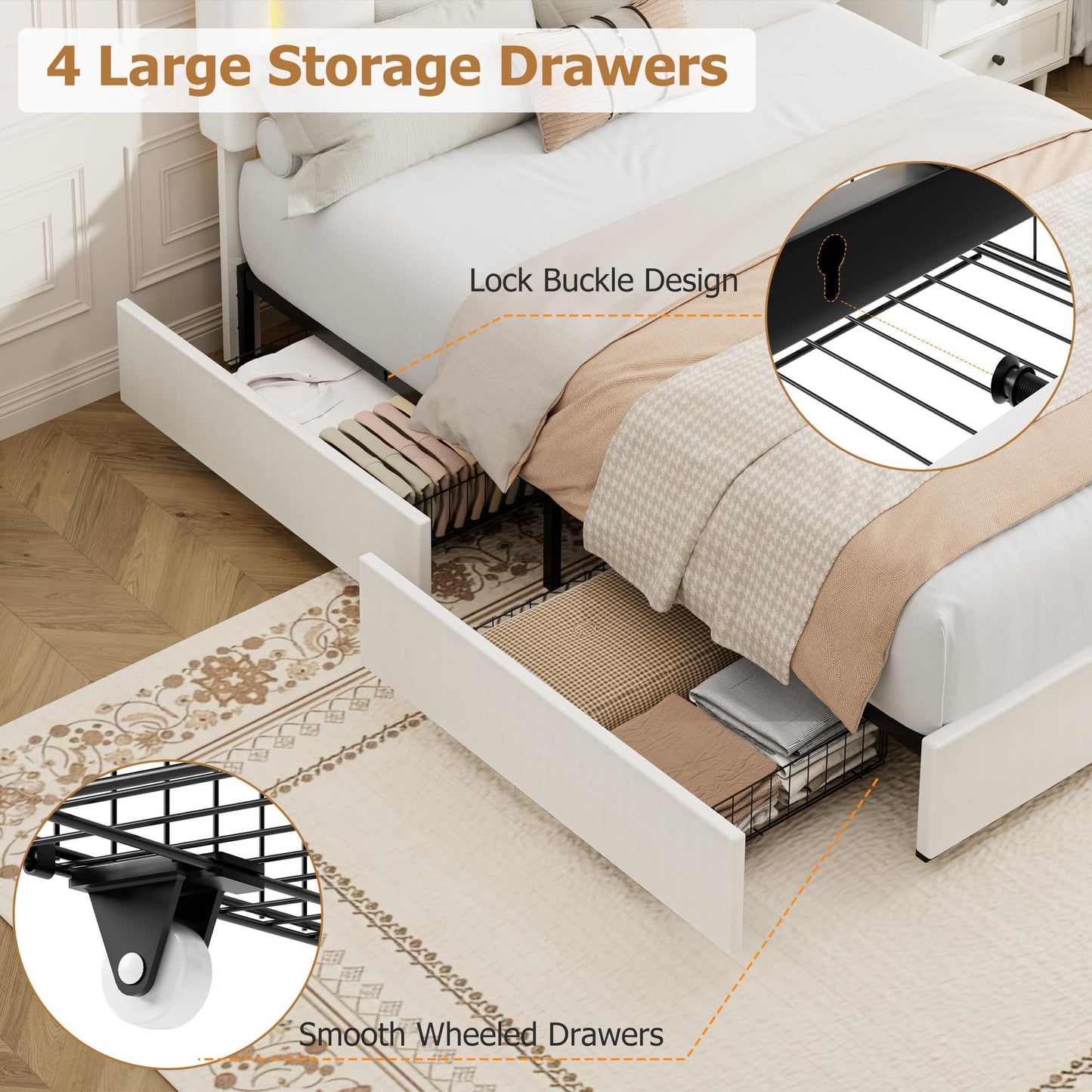 Garvee Queen Size Storage Bed Frame with 4 Drawers, LED Lights, Charging Station, Adjustable Headboard, PU Leather Upholstered Platform Bed, Wooden Slats Support, No Box Spring Needed, White