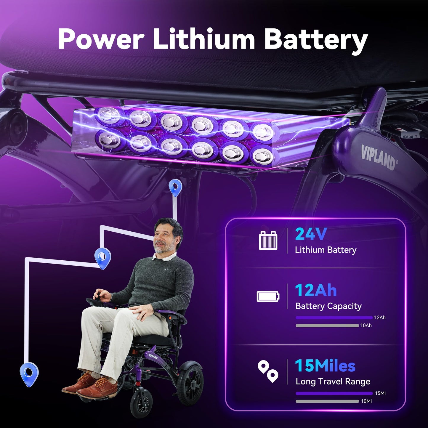 VIPLAND Carbon Fiber Electric Wheelchairs for Adults, Lightweight Foldable Motorized Wheelchair,15 Miles Range, All Terrain Airline Approved, 500W Brushless Motors with Tail Light, Only 44lb, Purple