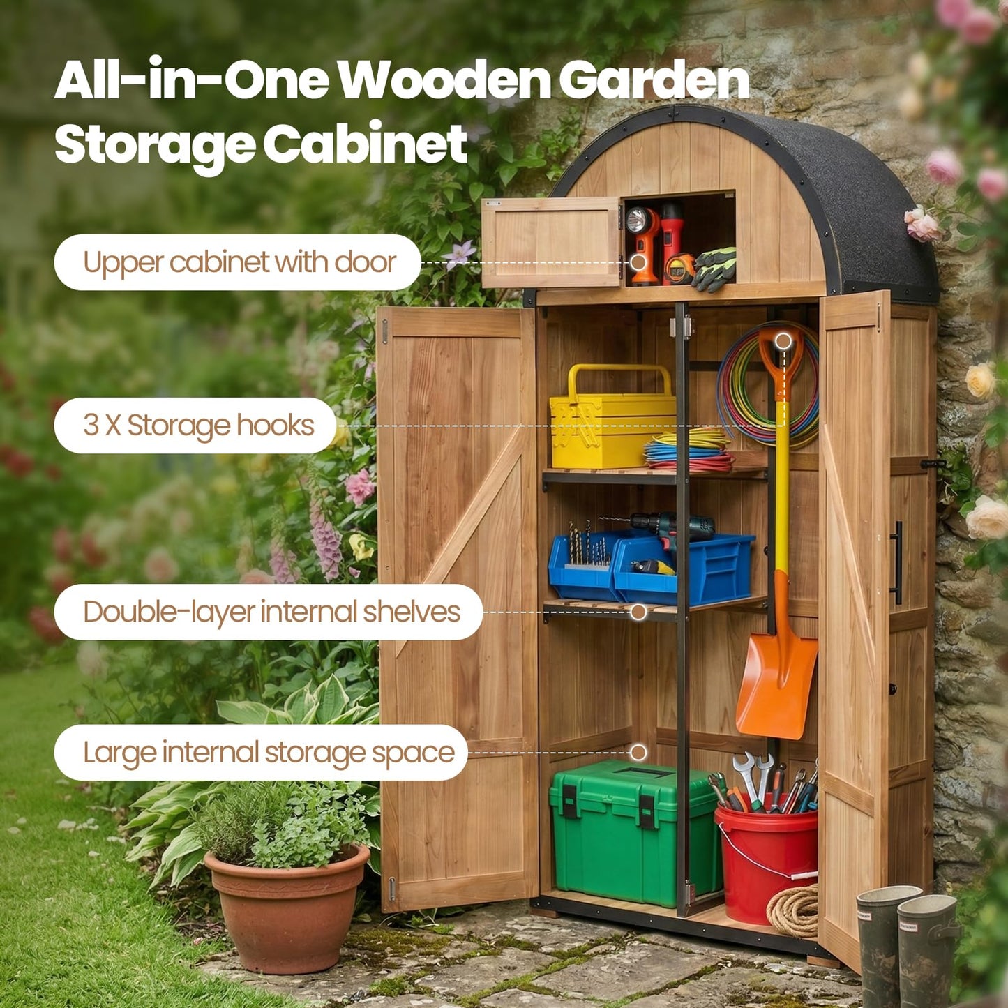 NORTHSKY All-in-One Shed Outdoor Storage, Waterproof Lockable Vertical Garden Shed Tool Cabinet, Solid Wood Storage Shed with Metal Frame & Domed Roof for Patio Backyard Garden Lawn Tool Equipment
