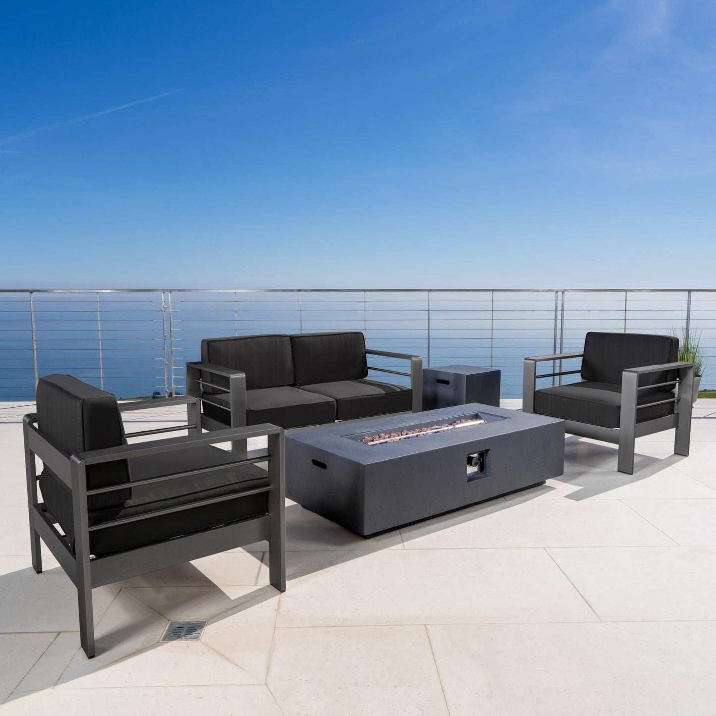 Christopher Knight Home Cape Coral Outdoor Aluminum 5 Piece Conversation Set with Water Resistant Cushions Grey Rectangular Fire Table, 56.75 "W x 27.5 "D x 24.6 "H, Gray + Dark Gray