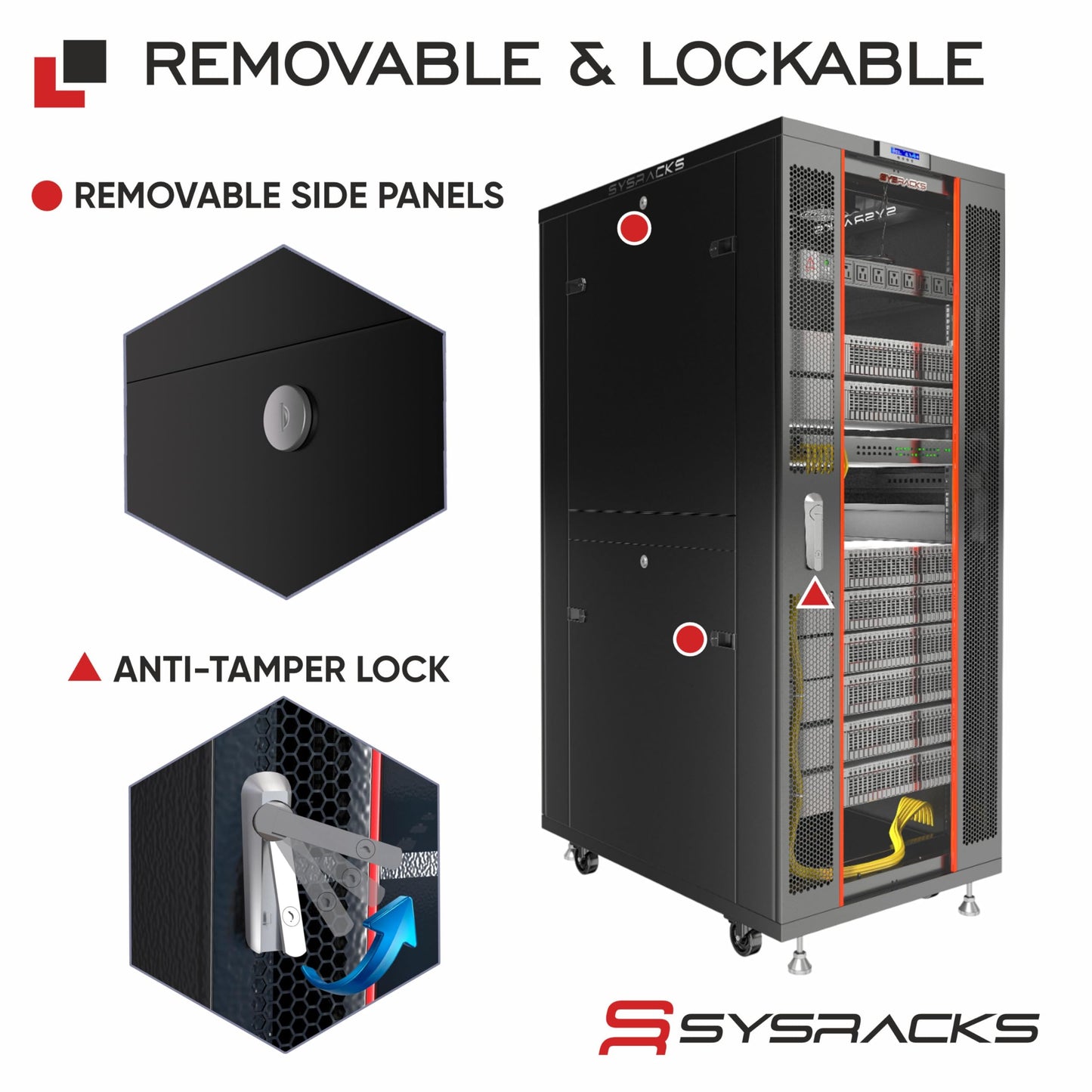 Sysracks 42U Server Rack Cabinet – 32" Deep Network Rack Enclosure on Wheels – Glass Door, 4 Cooling Fans, Temperature Controller, Shelf, 8-Way PDU – 19" IT & AV Equipment Rack