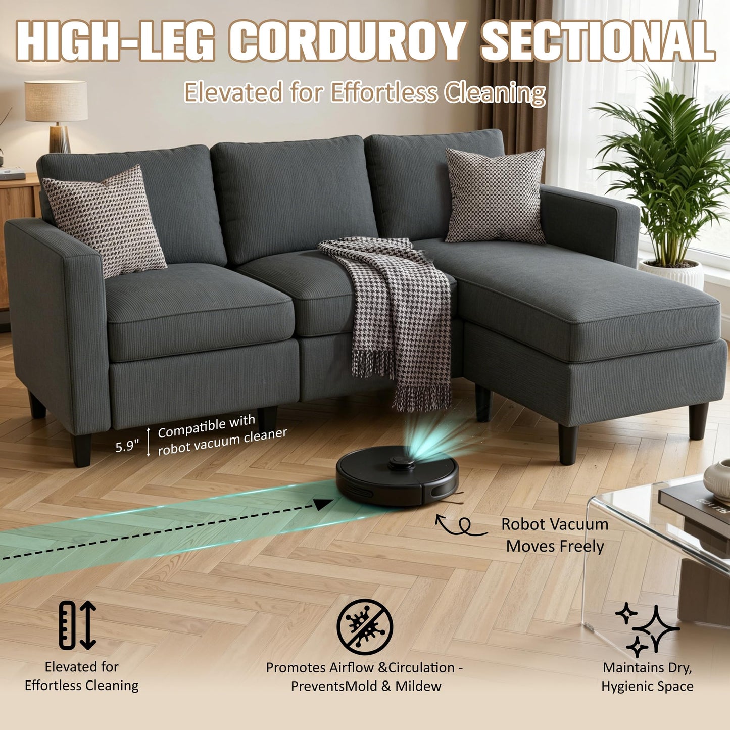 JAMFLY Couches for Living Room, 3-Seat Reversible Sectional Sofa with Convertible Ottoman, Modern Ribbed Fabric L-Shaped Couch for Small Apartment, Studio & Office, Easy Assembly, Grey