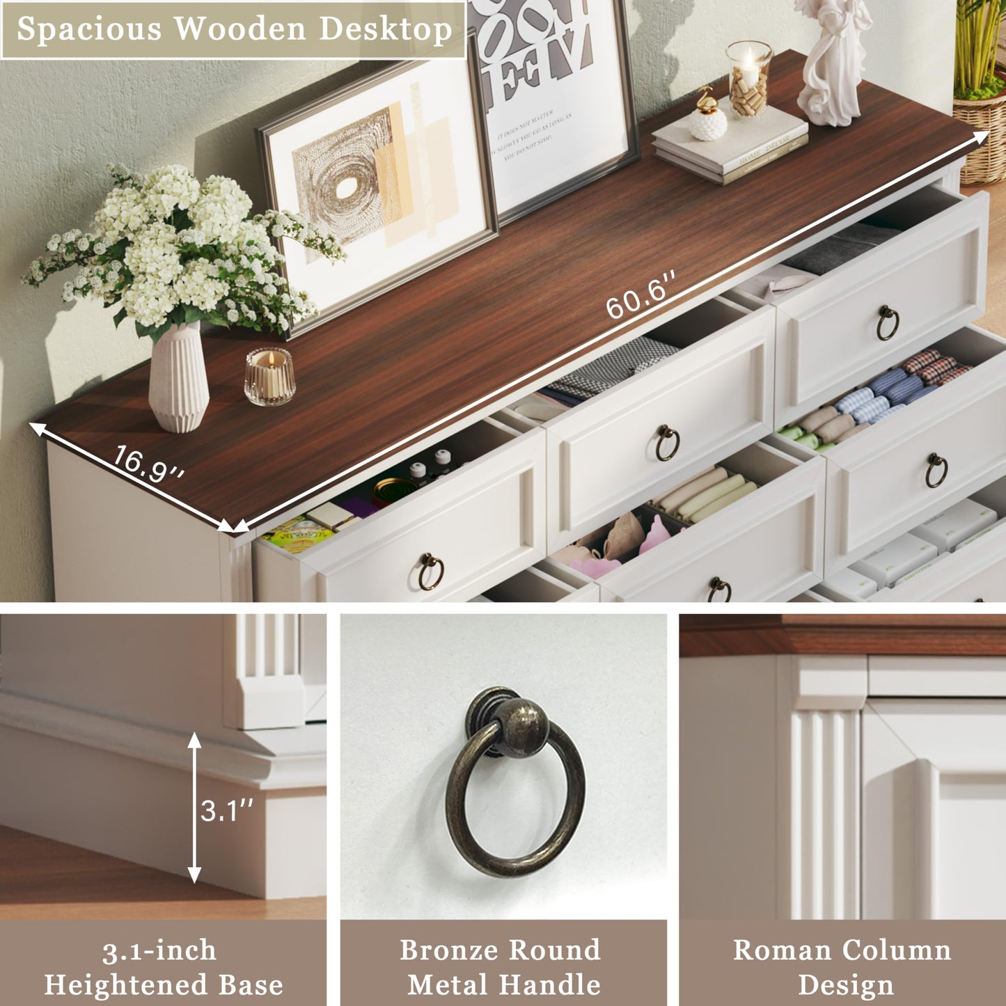 HUAHUU Farmhouse 9 Drawer Dresser for Bedroom, 60" Wide Chest of Drawers with Roman Column, Wooden TV Stand with Antique Bronze Circle Handles, Storage Organizer for Living Room, Hallway, White