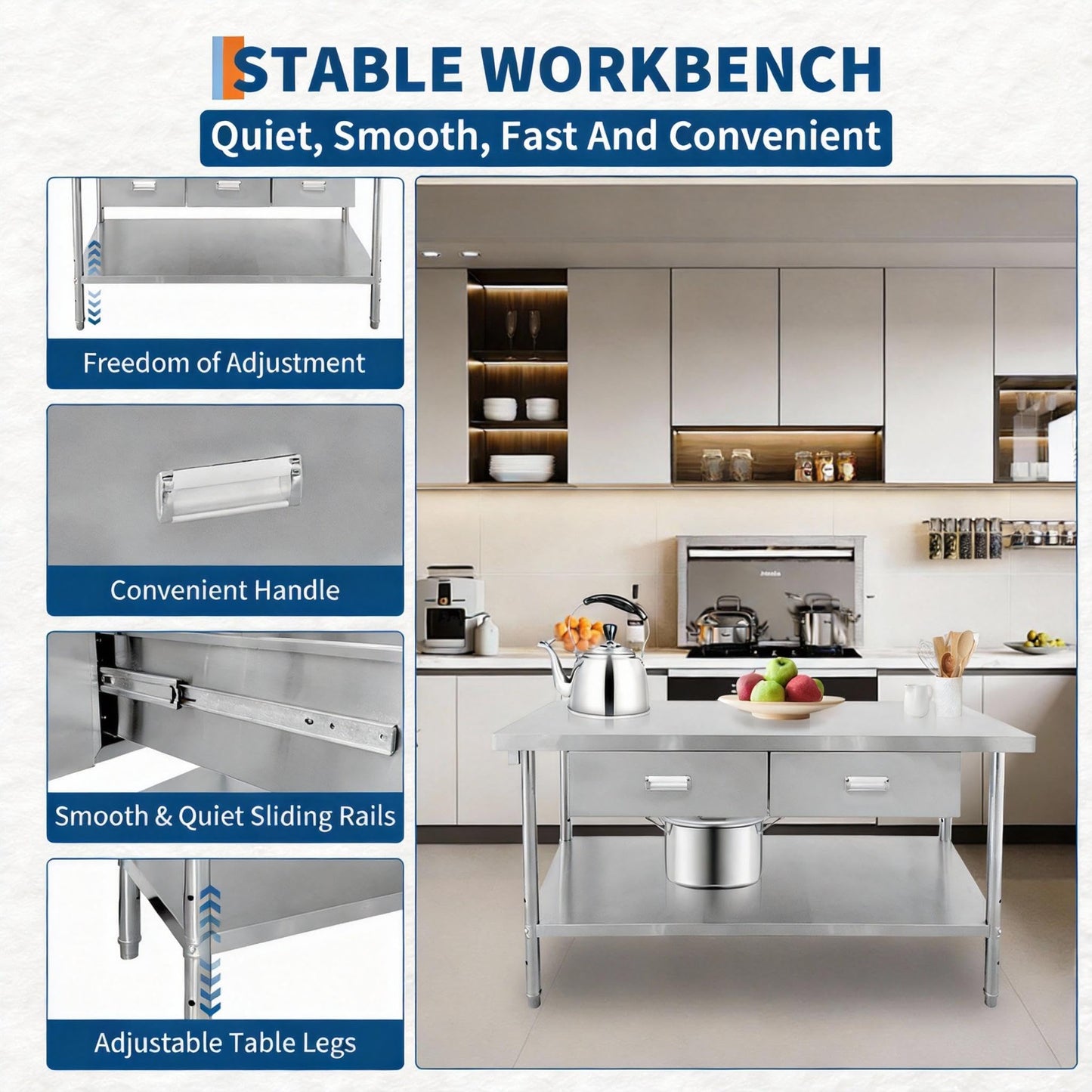 Stainless Steel Table with Drawers, 48"x24" Prep Table for Commercial Kitchen, Heavy-Duty Work Tables Workbench with Adjustable Undershelf for Home Kitchen Restaurant Garage