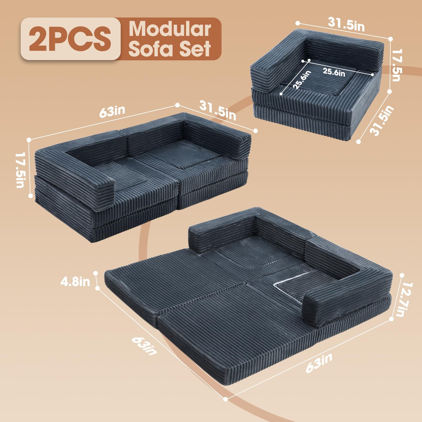 Umoving 2PCS Modular Floor Sofa Set, Convertible Sofa Bed with Adjustable Backrest, Family Seating for Kids, Teens & Adults, Lounge Couch for Gaming, Reading & Relaxing, Grey