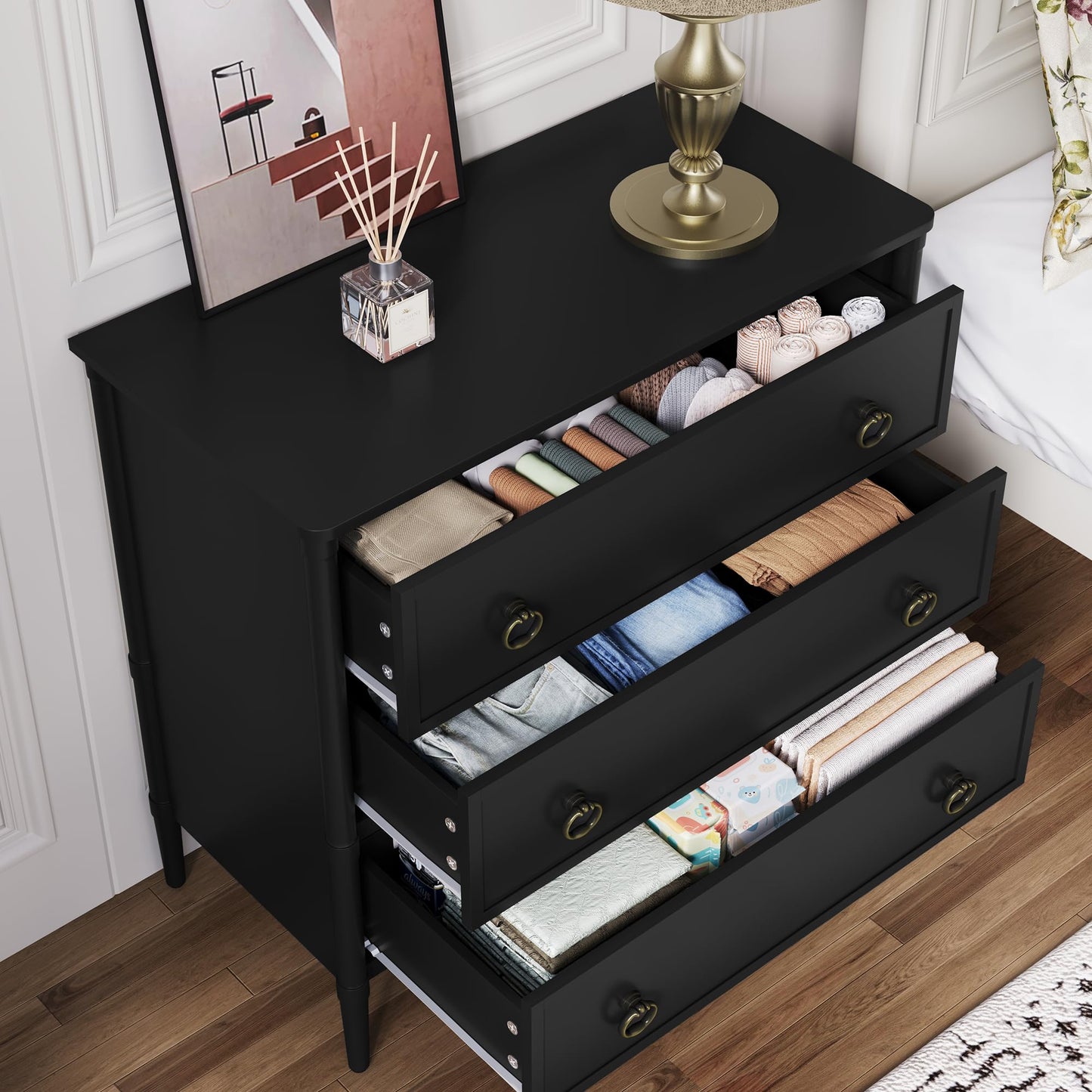 ZOSQUARE 3 Drawer Dresser, 32 Inch Wide Mid Century Chest of Drawers with Metal Handles, Storage Dresser for Bedroom, Nursery, Living Room, Dorm (Black)