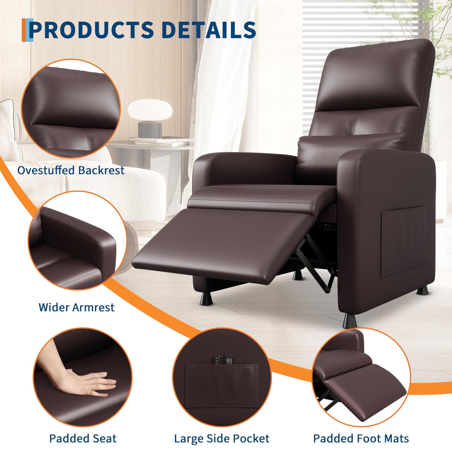 GarveeHome Power Recliner Chair, Adjustable Electric Recliner Ergonomic Overstuffed PU Leather Single Sofa, Tall Back, Padded Seat, 2 Side Pockets and USB Port, Home Theater Seating for Living Room