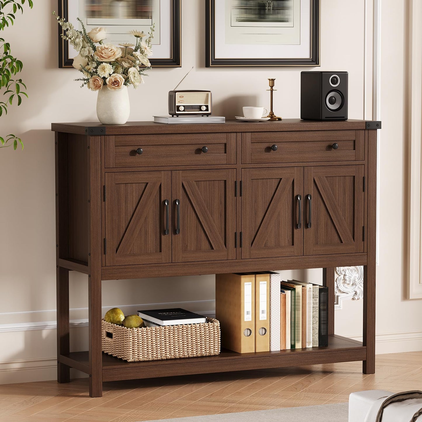 PeacefulHues 47.2inch Large Sideboard Buffet Cabinet, Farmhouse Coffee Bar Cupboard Cabinet Storage, Wood Console Table with 2 Drawers for Kitchen Dining Living Room Entryway, Brown