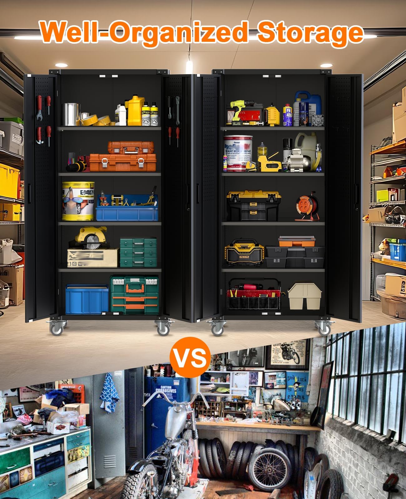 Garvee 72 in Tall Garage Storage Cabinet – 600 LB Capacity Metal Tool Cabinet with Magnetic Lock, 4 Adjustable Shelves & Wheels, Heavy-Duty Steel Storage for Workshop, Home & Office