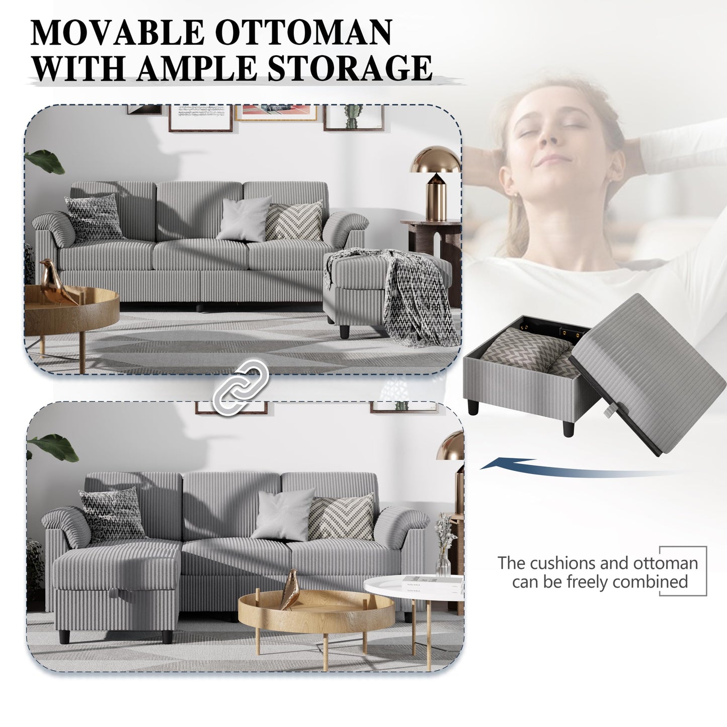 Meilocar Sectional Sofa Couch for Living Room, 79" Sectional Couches with Storage Ottoman, L Shaped Couch with Sloping Armrests, 3-Seat Sofa Couches for Small Space, Light Grey