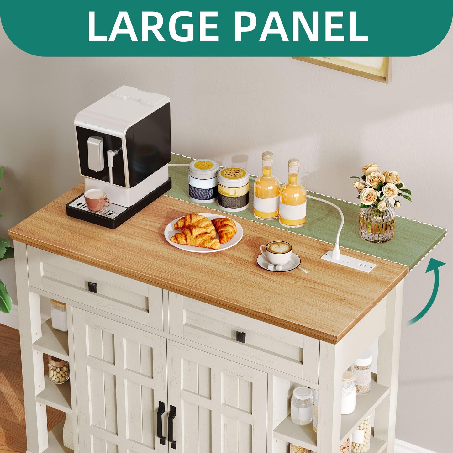 YITAHOME Kitchen Island with Drop Leaf, Mobile Storage Island with Power Outlet, Americana Rolling Kitchen Carts with Storage Shelves and Drawers, Island Table on Wheels for Dining Room, Beige