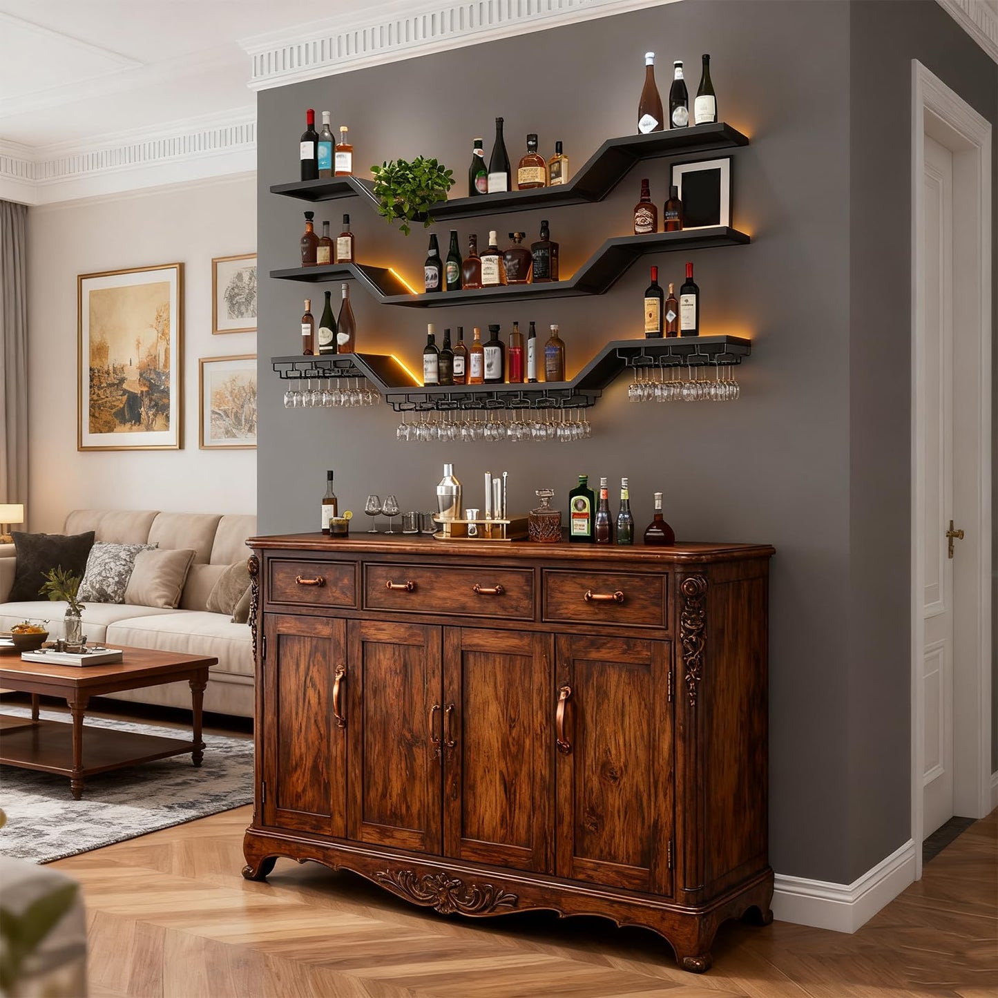 70.8in Modern LED Wine Rack Wall Mounted, 3-Tier Floating Bar Shelves with Wine Glass Rack, Large Hanging Liquor Shelf Wall Mounted, for Home Bar Dining Room Cafe Decorative (Black, 70.8in/180cm)