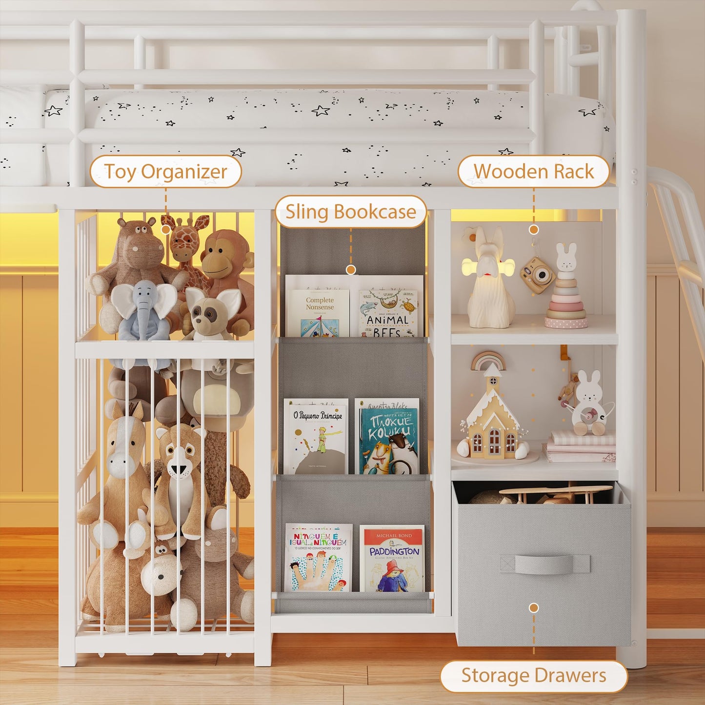 Low Loft Bed Twin Size with 4 Storage Drawers and LED Lights, Twin Loft Bed with Sling Bookcase & Toy Storage, Kids Twin Beds with Anti-Collision Pad & Play Curtain, Under-Bed Play Space, White+Grey