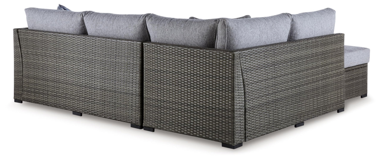 Signature Design by Ashley Petal Road Casual Nuvella Weather Resistant Fabric, Cushioned Outdoor Loveseat Sectional/Ottoman/Table Set with 2 Throw Pillows, Set of 4, Gray