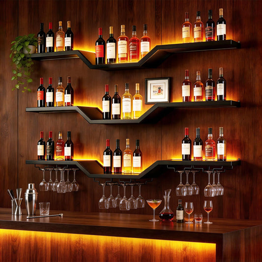 ZHDZKJ 𝑼𝒑𝒈𝒓𝒂𝒅𝒆 39.4" LED Modern Wall Mounted Wine Rack, 3-Tier Floating Bar Shelves, Golden High Brightness LED Light Strip, Large Bar Shelf with Wine Glass Rack, for Home Bars and Restaurants