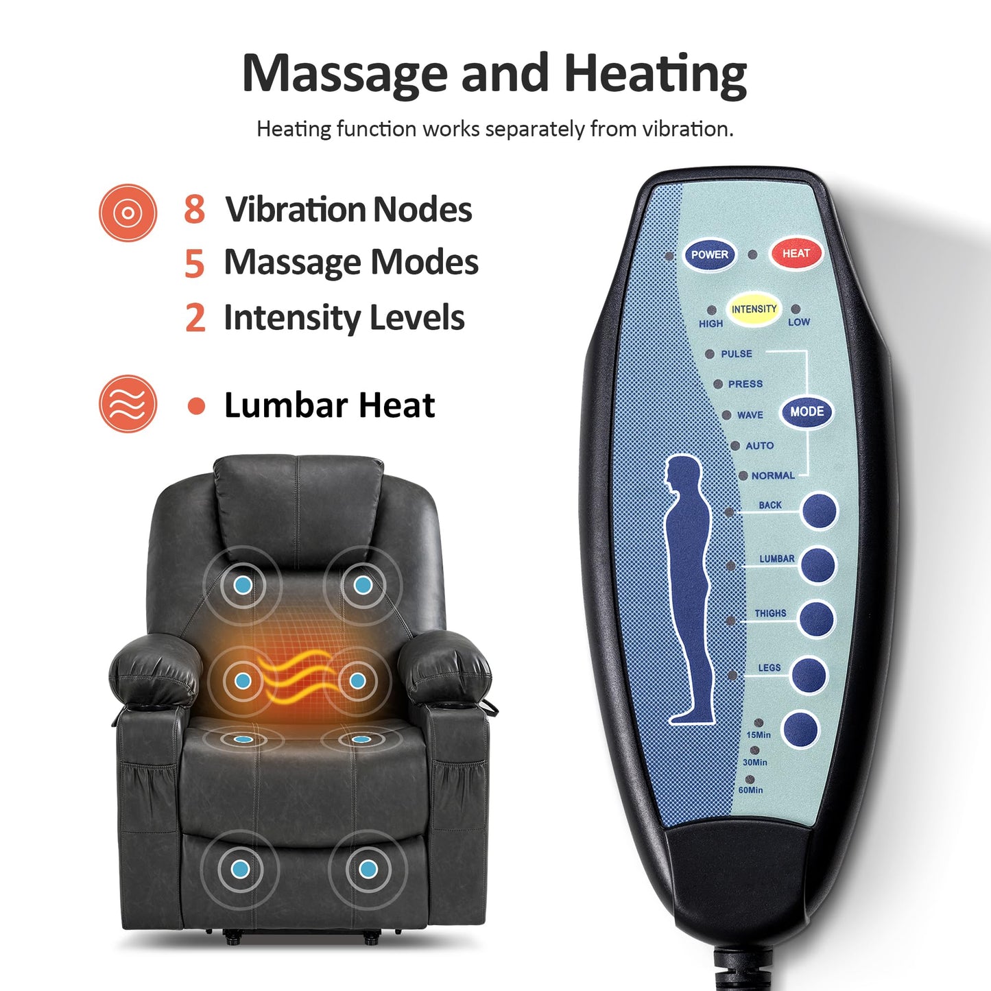 MCombo Electric Power Lift Recliner Chair Sofa with Massage and Heat for Elderly, 3 Positions, 2 Side Pockets, and Cup Holders, USB Ports, Faux Leather 7040 (Grey, Medium)