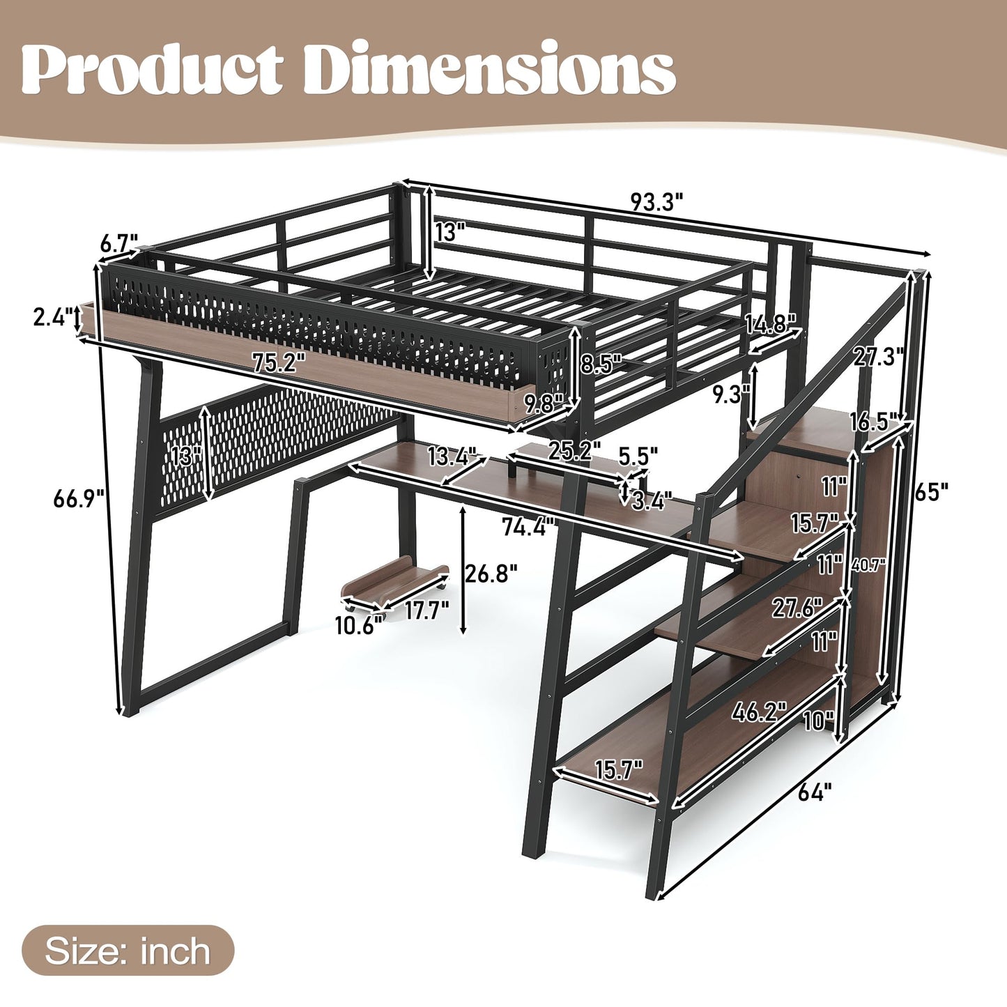 KEIKI Full Loft Bed with Storage Stairs, Metal Shelves Gaming Loft Bed Frame with USB Ports, LED Lights, Pegboard, Built-in Wardrobe, Noise-Reduced Design, Black