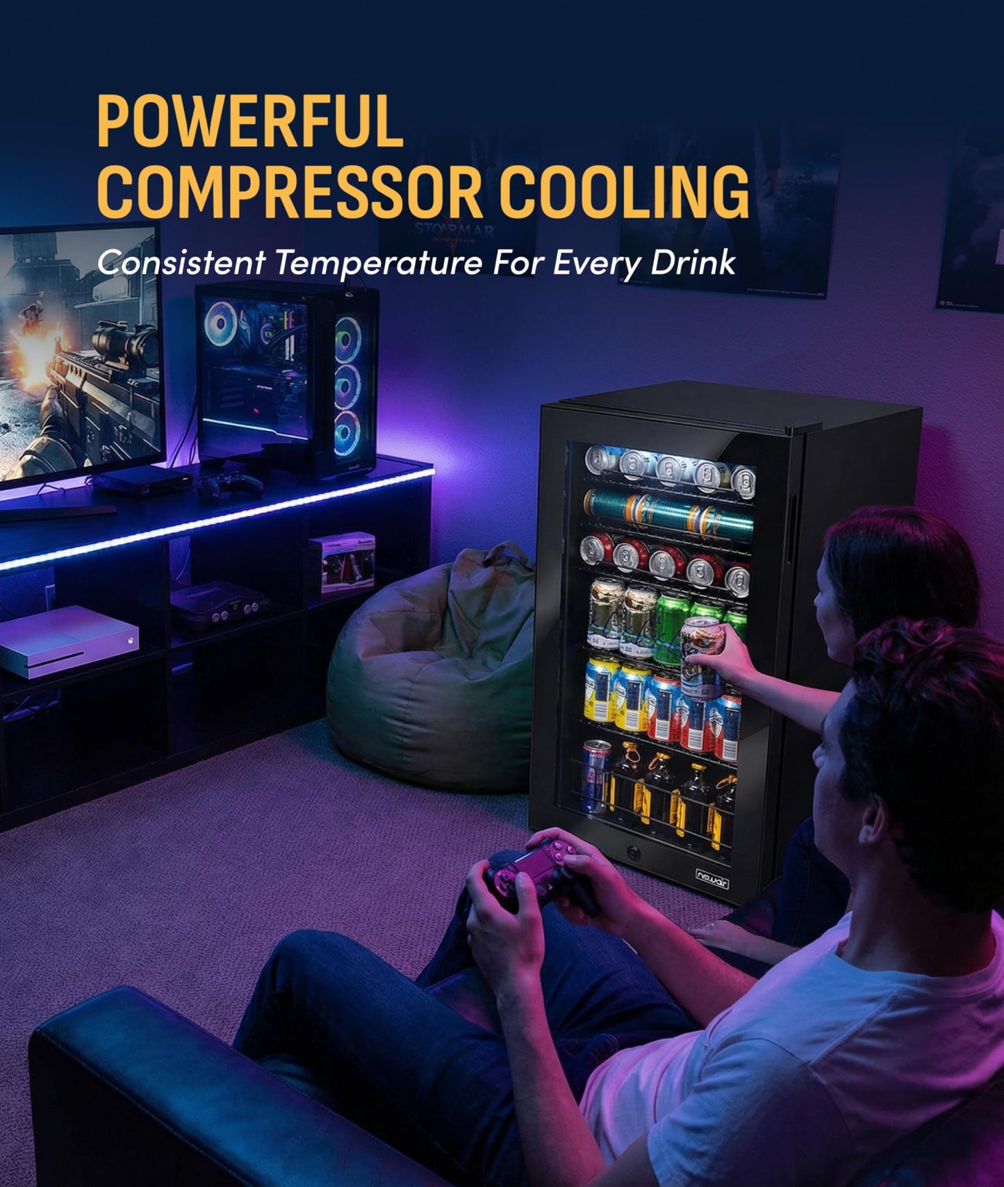 NewAir 126 Can Beverage Refrigerator | Freestanding Small Mini Fridge for Bedroom with Glass Door | Drink Cooler with Adjustable Shelves, Quiet Cooling & Locking Door | Black