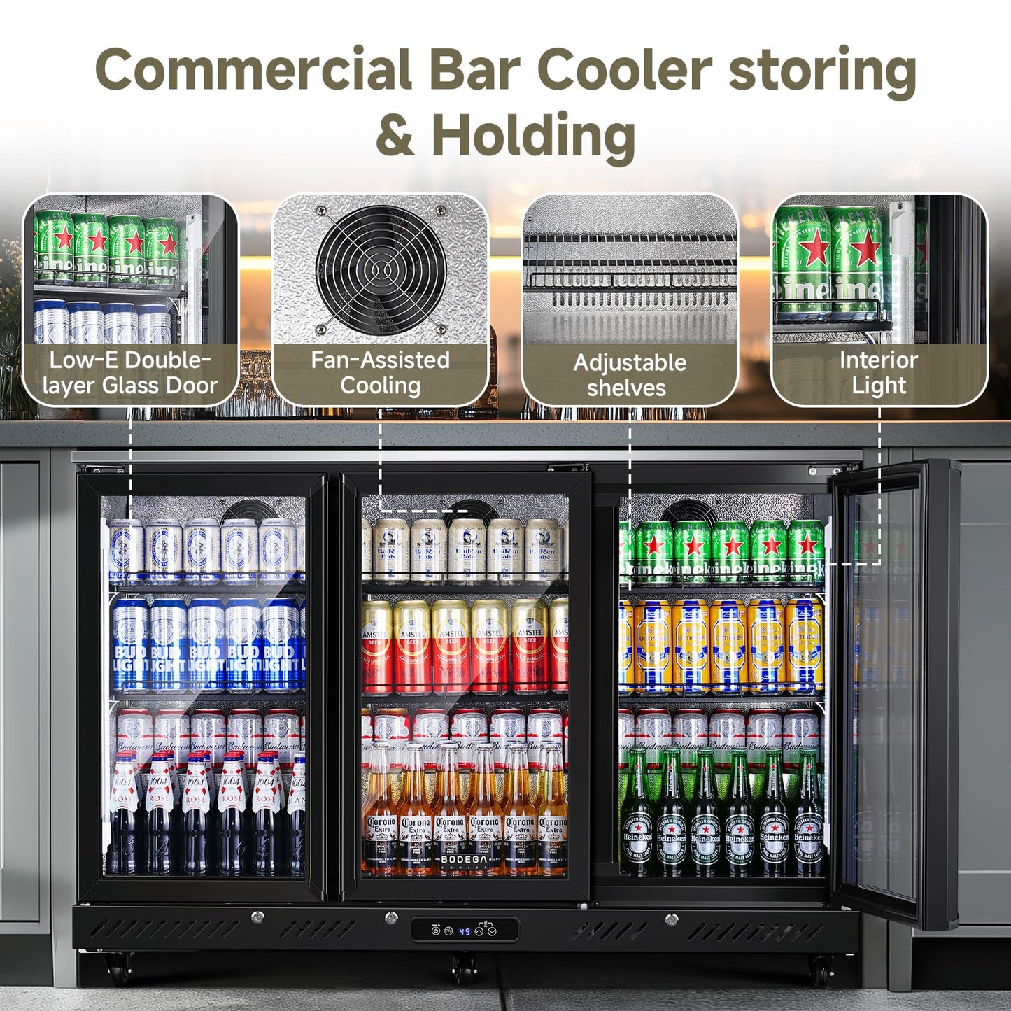 BODEGACOOLER Commercial Bar Cooler With 3 Glass Doors,12 Cu.Ft Counter Height Back Beverage Refrigerator,Display Bar Fridge with LED Lighting,Beverage Cooler for Beer Stainless Steel Top,With Casters