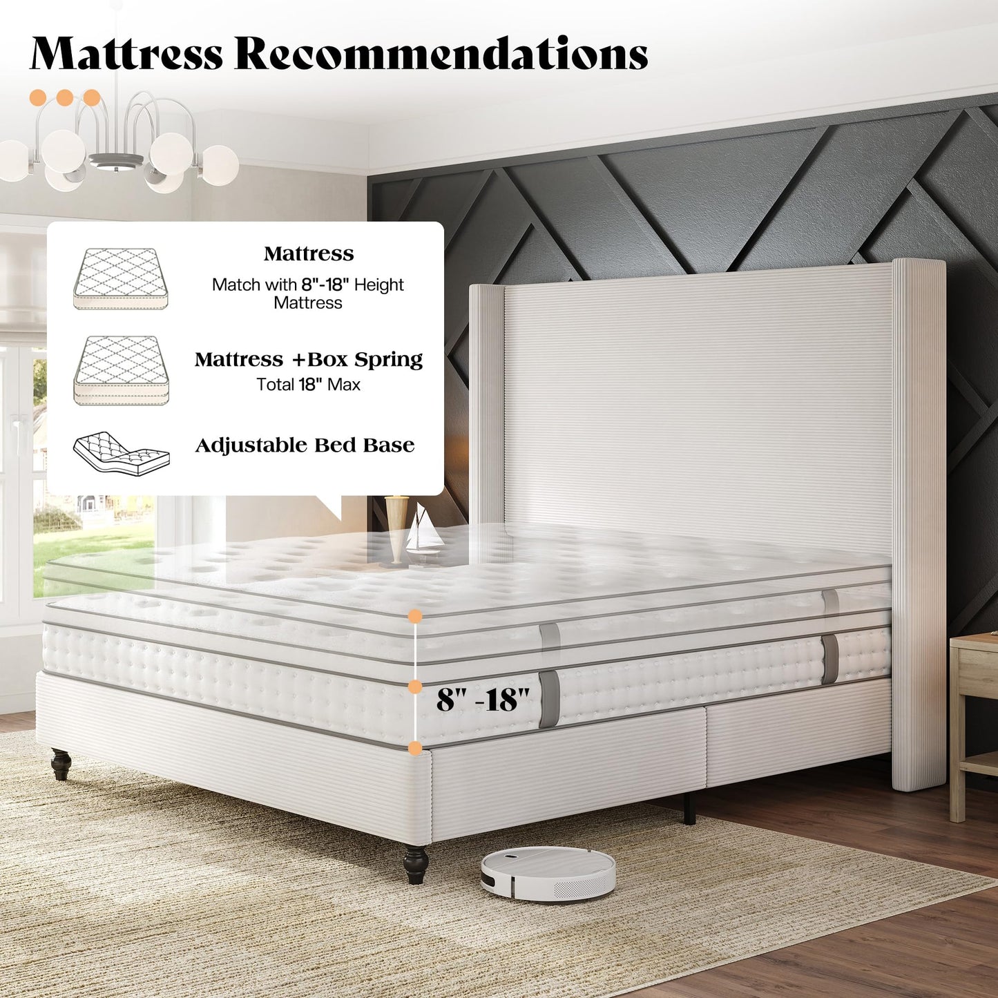 AMERLIFE Queen Bed Frame with 63" Tall Headboard, Upholstered Corduroy Bed Frame with Wingback, Platform Bed with Solid Wood Gourd Legs, Solid Slats, No Box Spring Needed, White