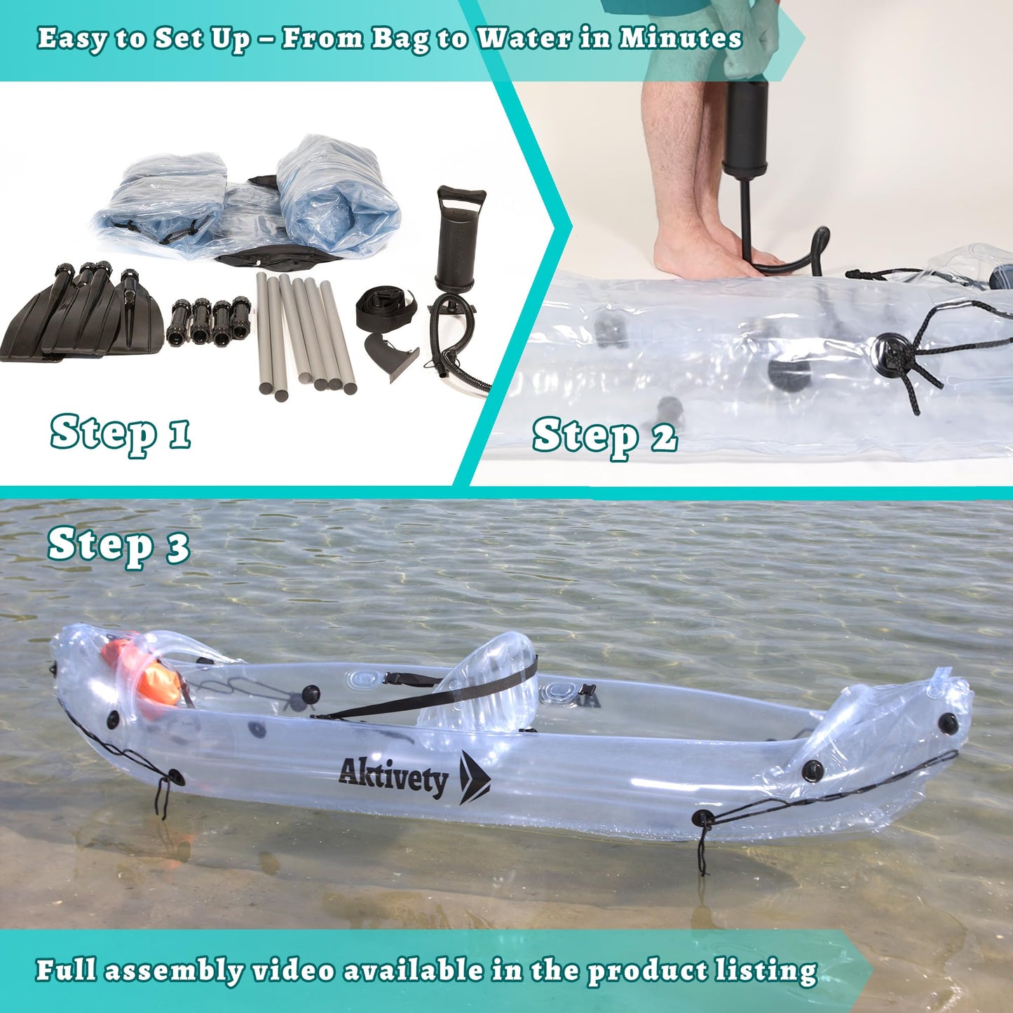 AKTIVETY - Clear Kayak - Transparent 2-Seater Inflatable Tandem for Two Adults - See-Through Style - Complete Set with Adjustable Seats, Pump, Paddles, Carry Bag & Tracking Fin