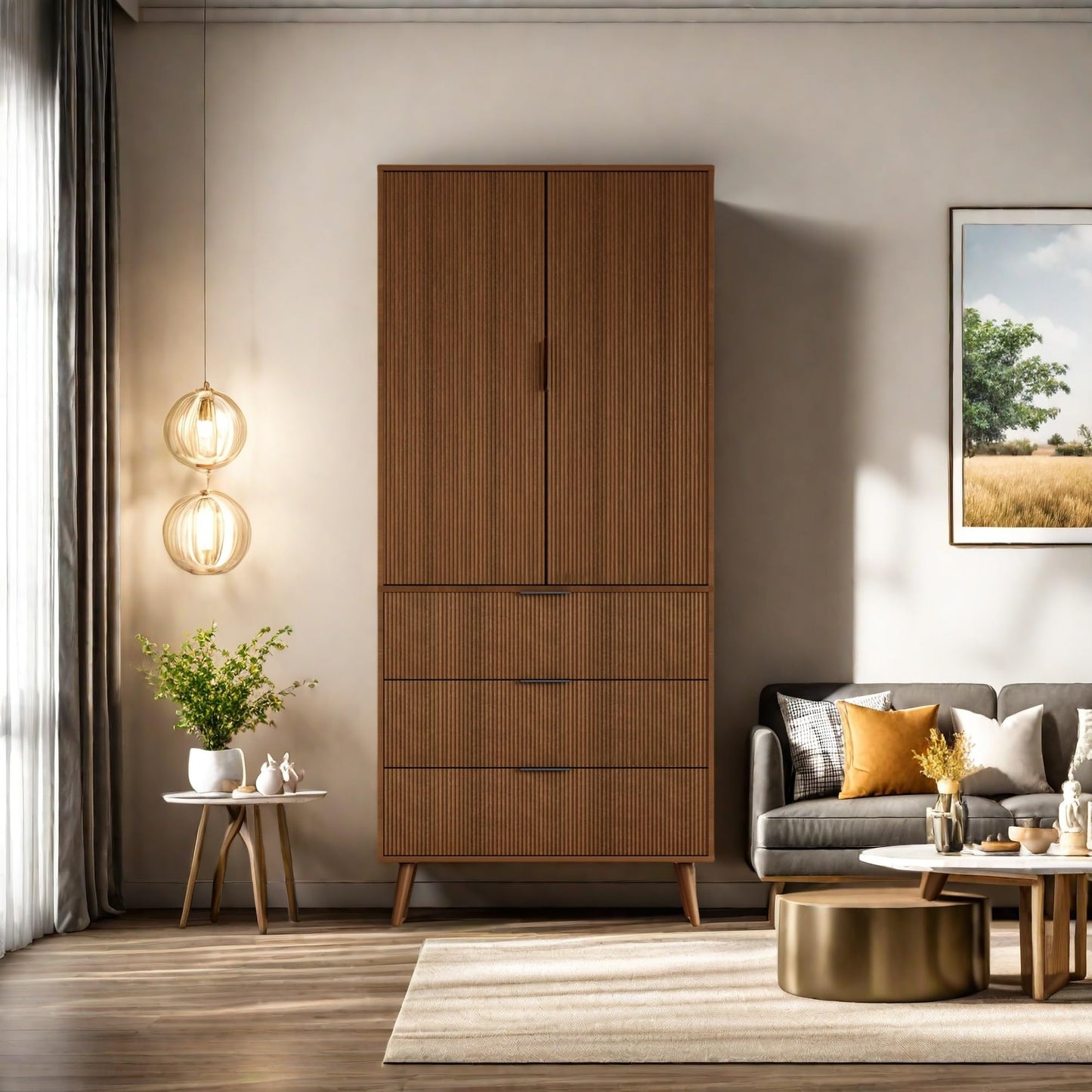 Trygoal Tall Storage Cabinet, Kitchen Pantry Cabinet with Adjustable Shelves & Fluted Panel Design, Wood Cupboard with 3 Drawers 2 Doors, Tall Home Cupboard for Living Room, Kitchen, Walnut