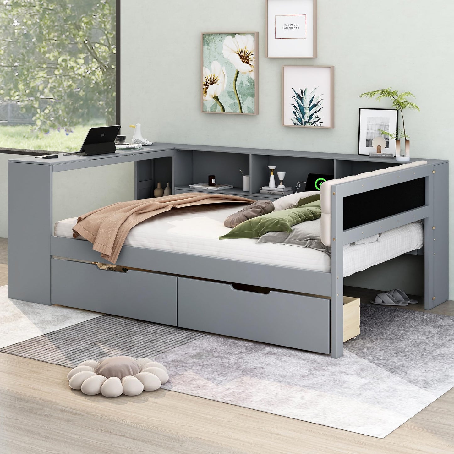 Merax Full Size Platform Bed with Storage Shelves,Drawers,Charging Station and Upholstered Headboard for Bedroom,
