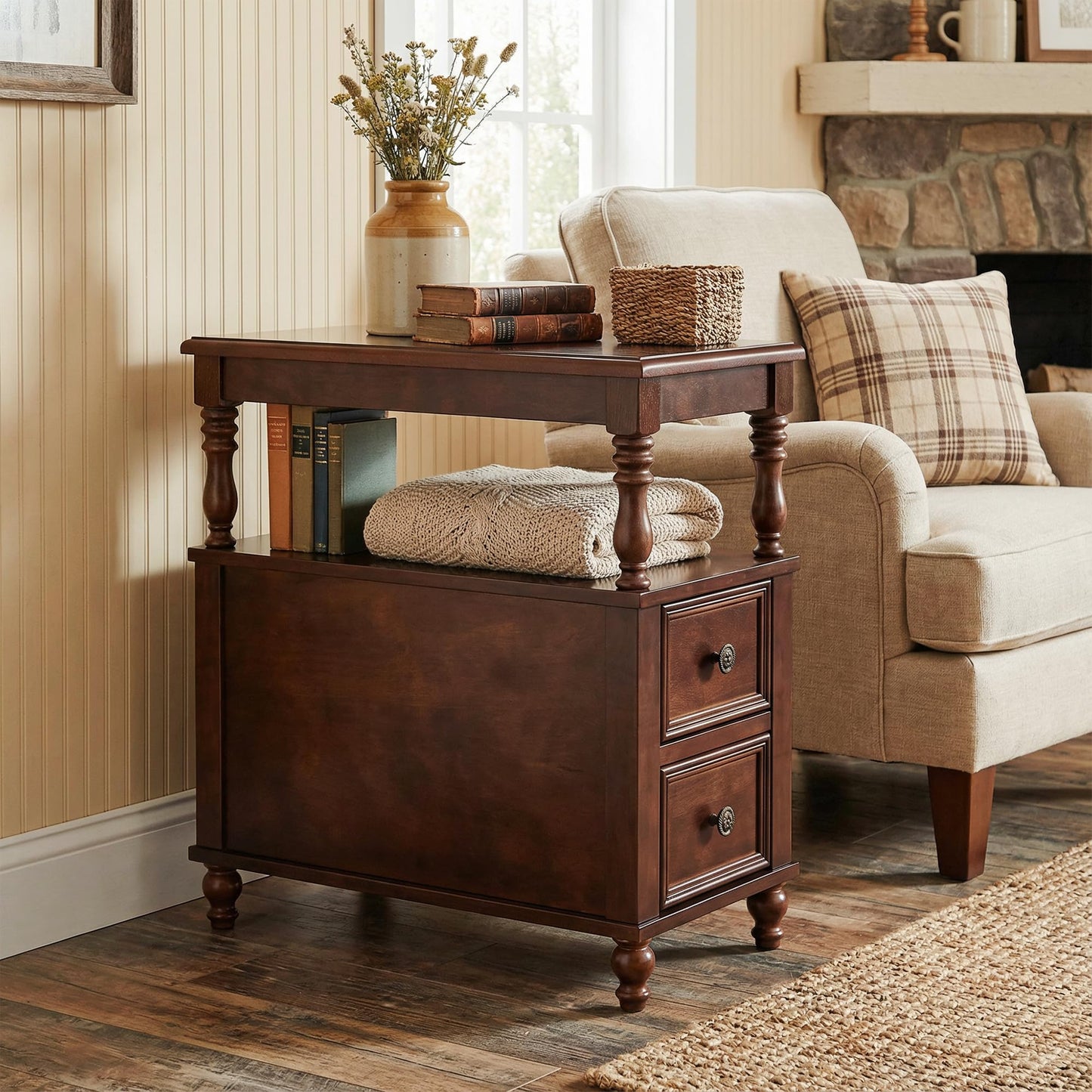 Tribesigns Cherry Finish Wood End Table with 2 Drawers, Mid-Century Wooden Slim Side Table Nightstands with Storage Shelf, Accent Table for Living Room, Easy to Assemble