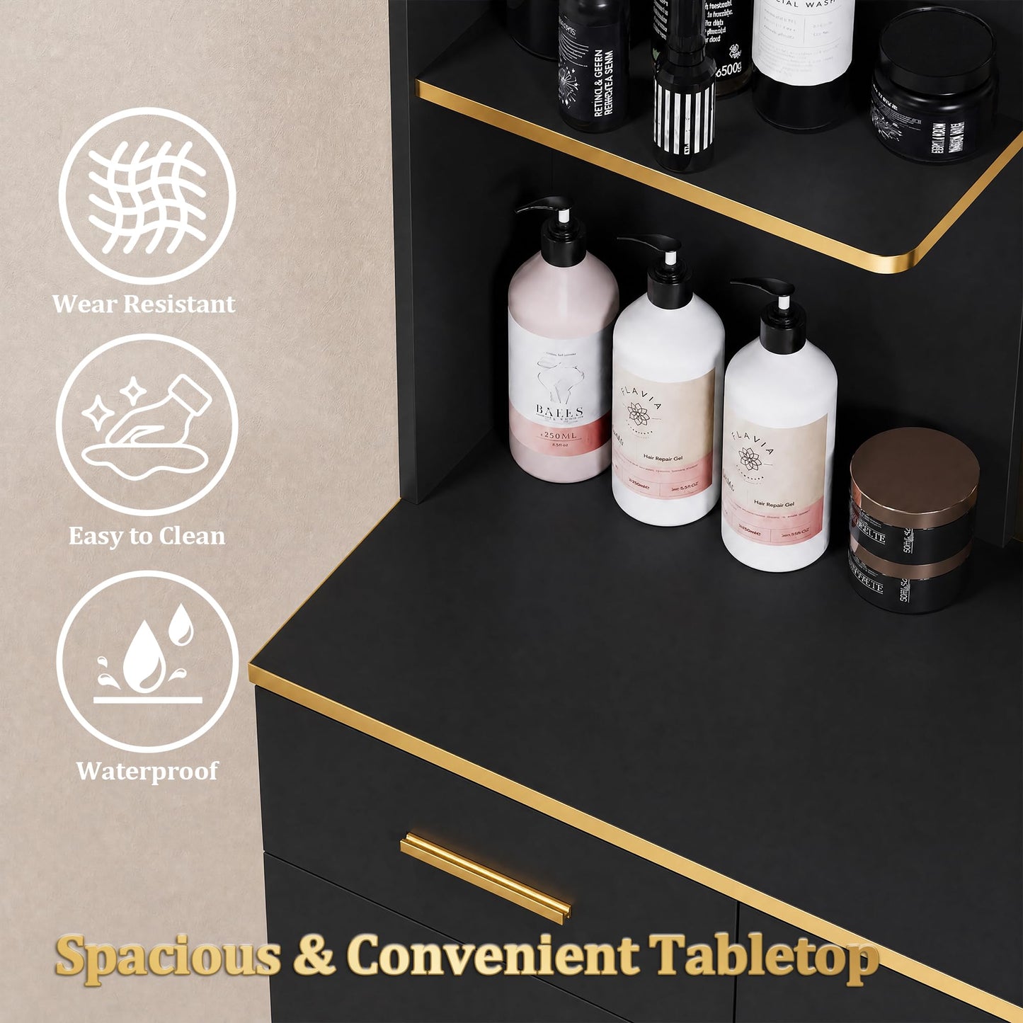 Salon Station for Hair Stylists, Professional Barber Desk Styling Station with 2 Cabinets, 3 Drawers, Display Rack & Open Shelves, Salon Storage Cabinet for Barber Shop Spa Beauty, Wall Mount, Black