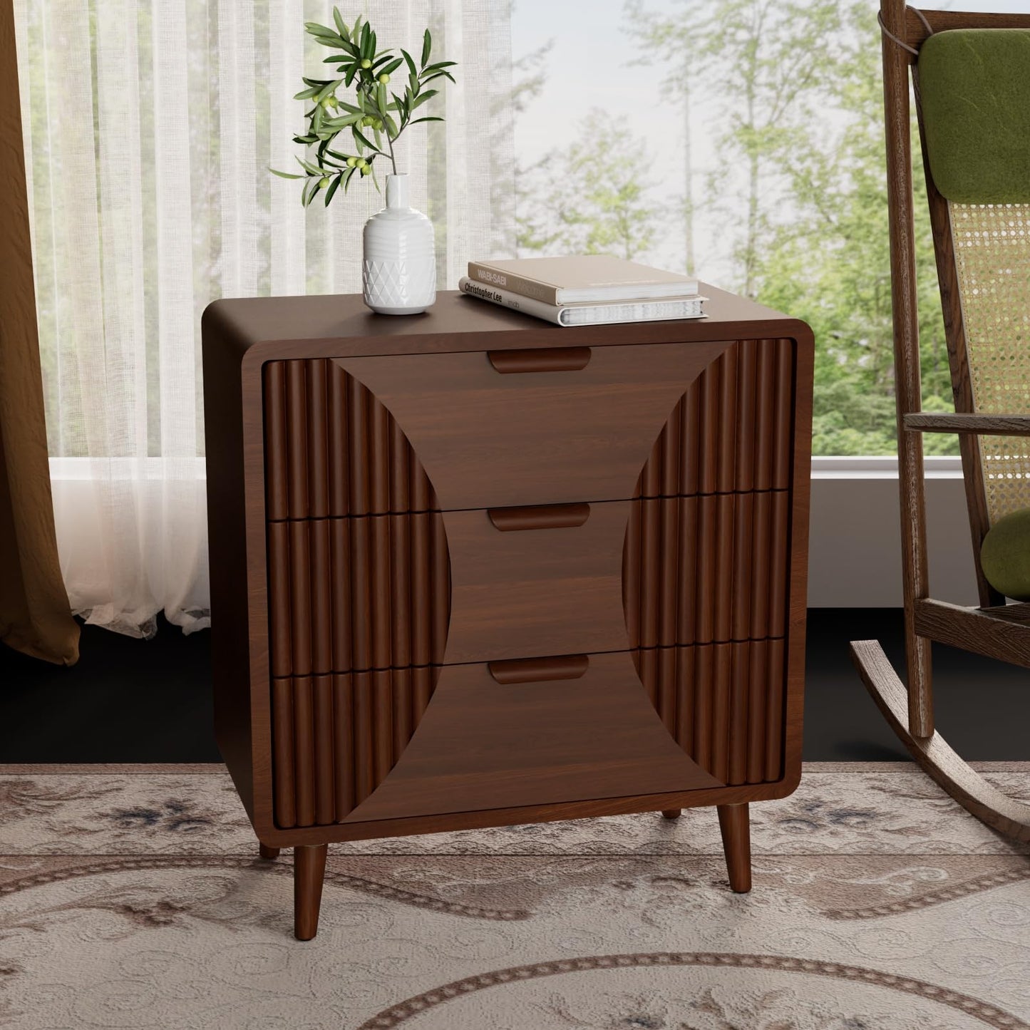 COSIEST Tall Nightstand with 3 Drawers, Mid-Century Modern Fluted Bedside Table, Walnut Wood Accent Cabinet with Storage for Bedroom, Brown