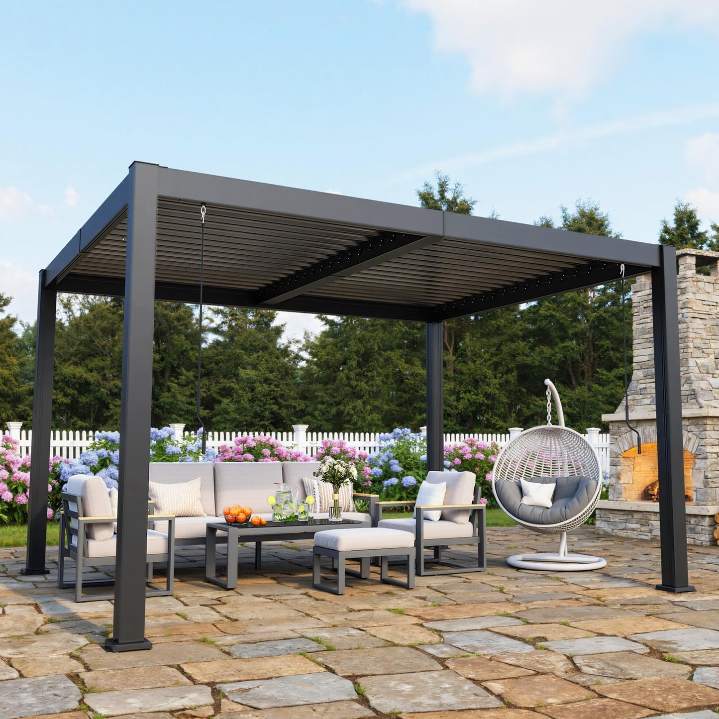 10' x 12' Louvered Pergola, Outdoor Pergola with Metal Adjustable Louvered Roof & Gutter System, Hardtop Patio Gazebo for Backyard, Patio, Garden, Dark Gray