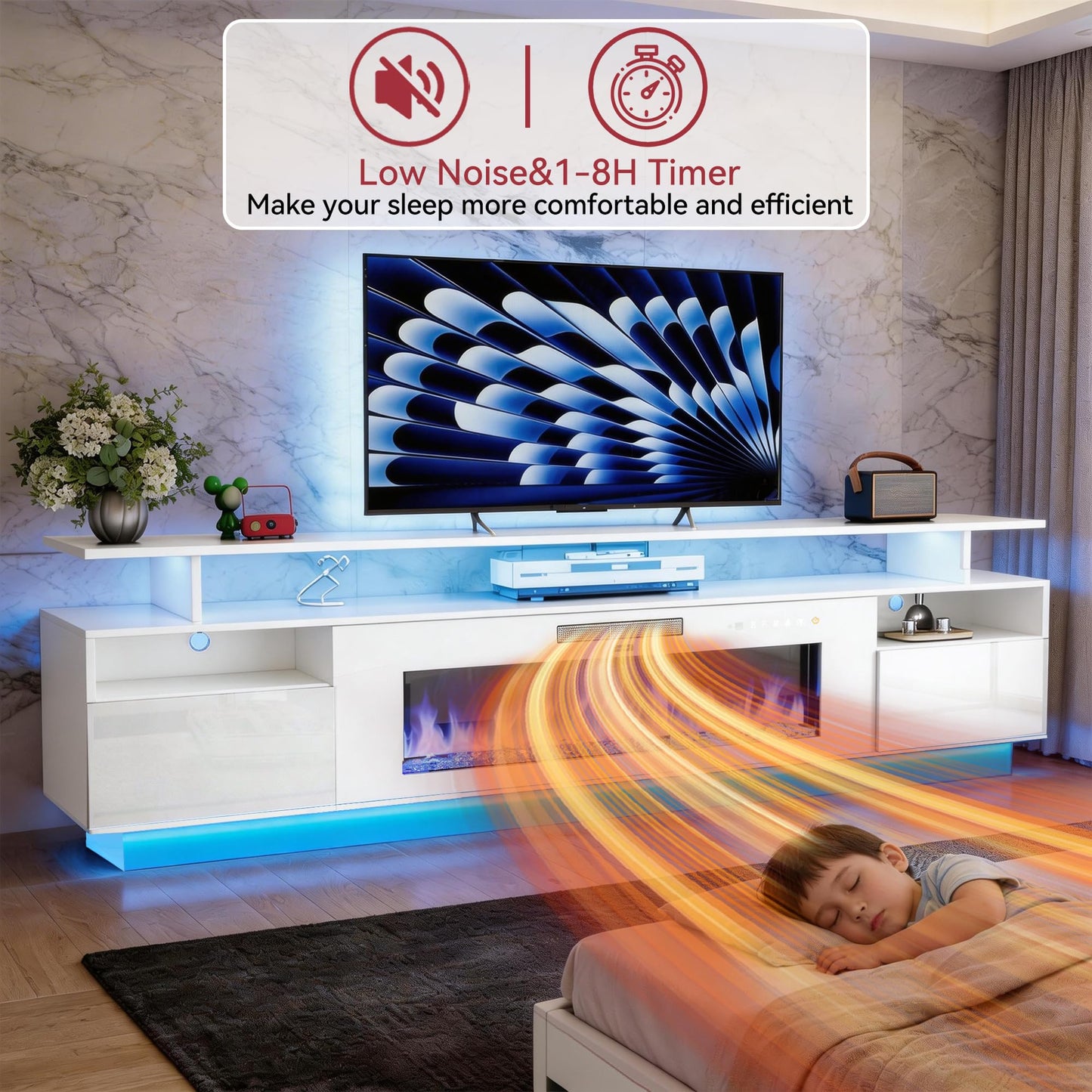 FJTJBSI 70" Fireplace TV Stand with 36" Electric Fireplace Entertainment Center with Charging Station and LED Light Console Table for Television up to 80 inch with Storage for Living Room