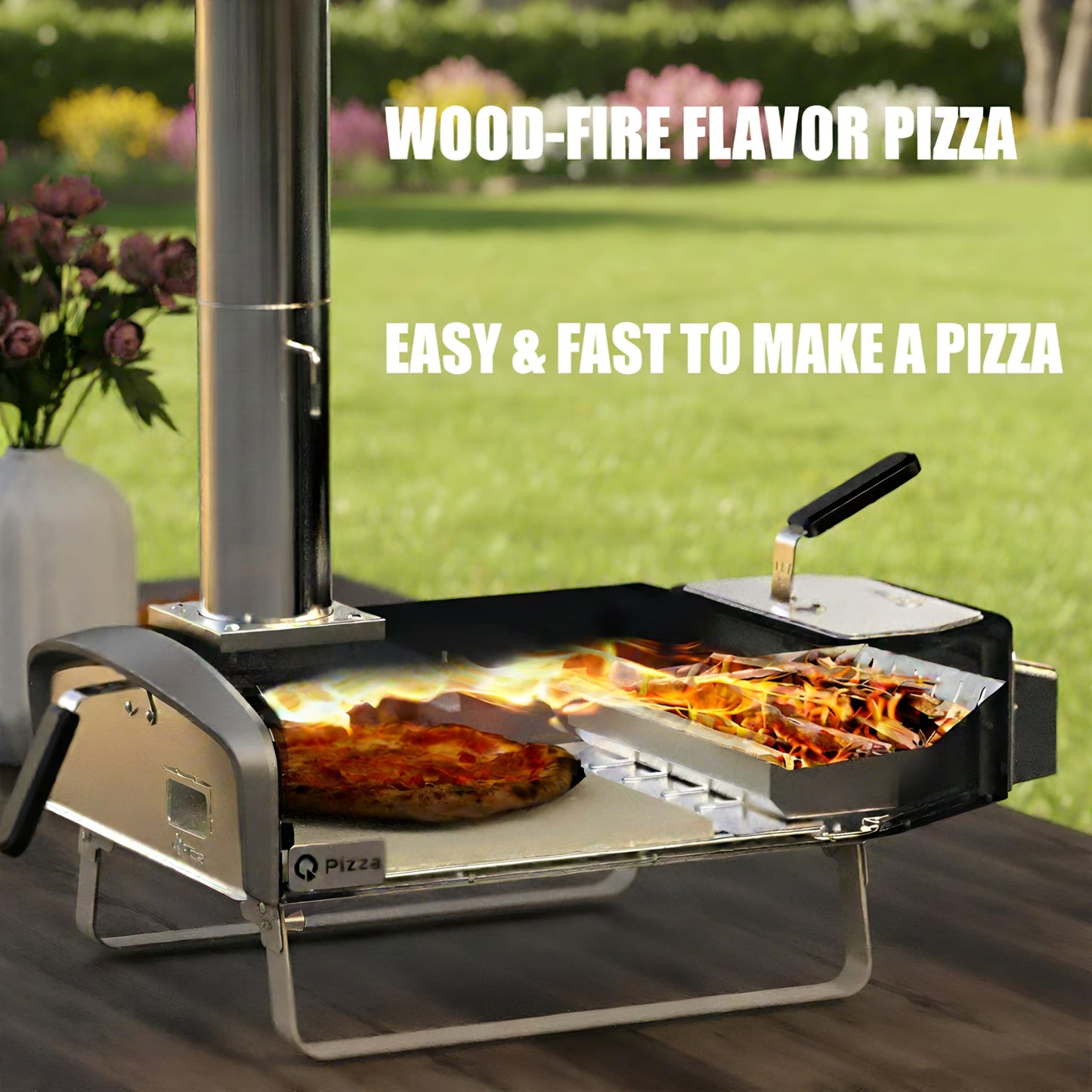 Q Pizza Portable Wood Fire Pizza Oven with Folding Legs, Outdoor Pizza Stove with Chimney for Outdoor Kitchen, Camping, RV, Tailgating, Beach, Backyard Pizza Maker, PS107