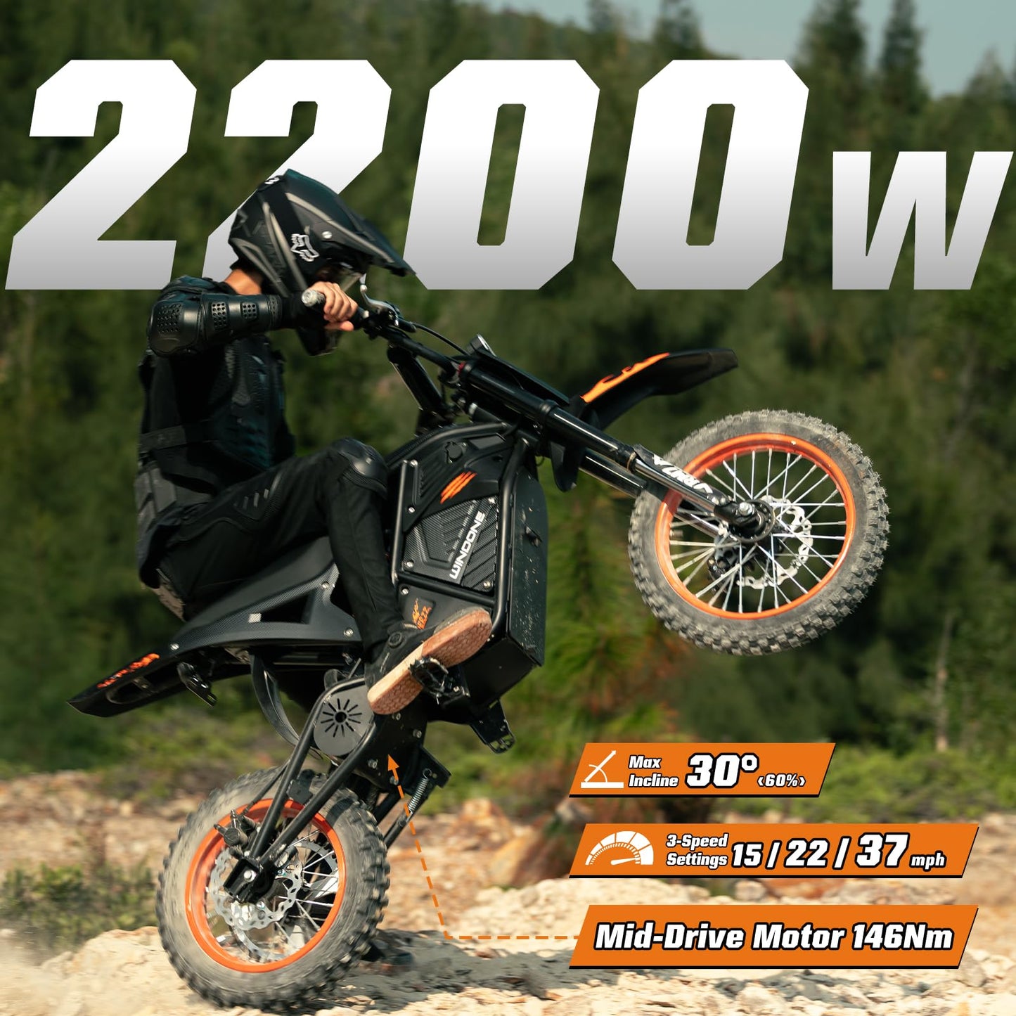 WindoneRide RM7 Electric Dirt Bike for Adults & Teens, 2200W Peak Ebike, 48V 22.5Ah, 37 MPH, 45 Miles, 14"/12" Tire Off-Road Electric Motorcycle, Dual Hydraulic Brakes, Fit Age 13+,Signature Orange